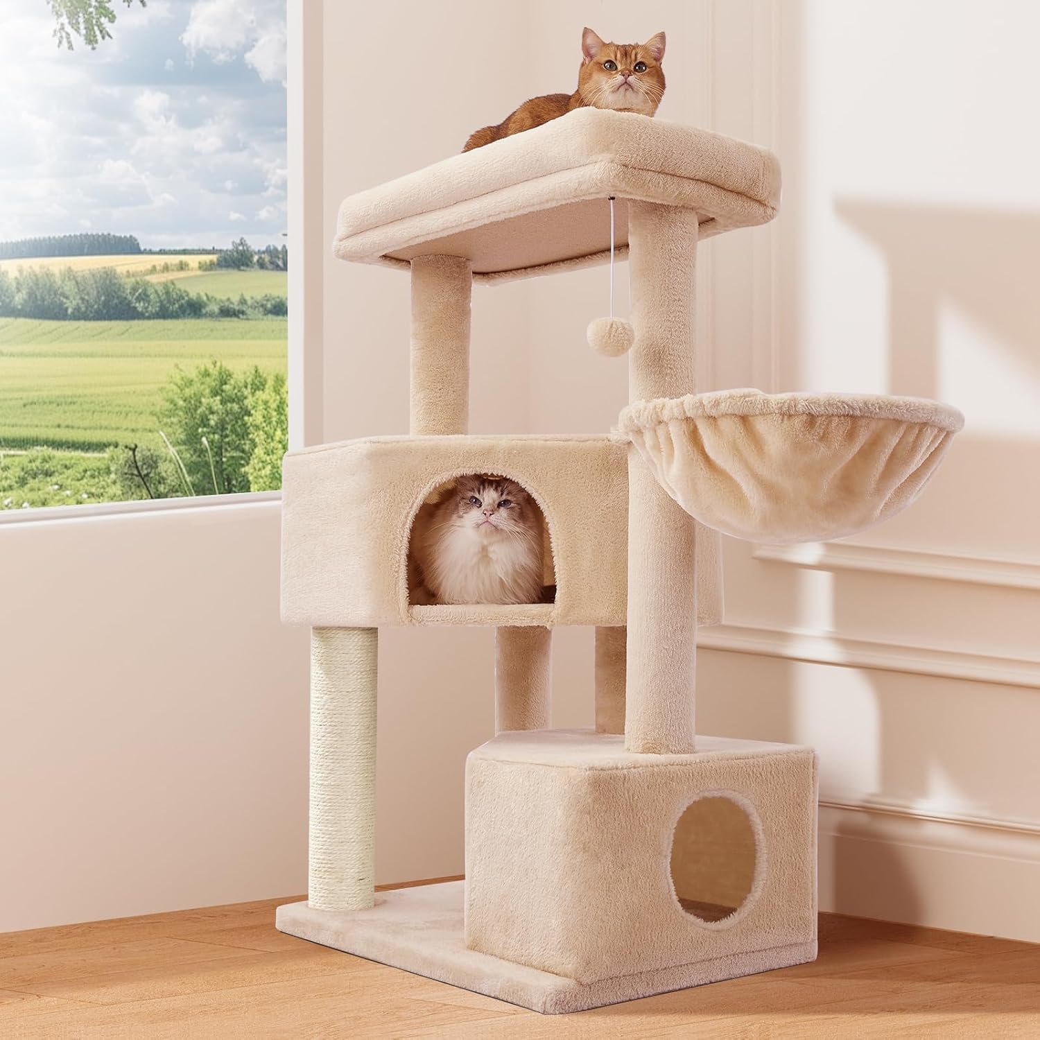 4-Tier Cat Scratching Post – Ultra Stable, 105cm, Beige, Tower with Platforms
