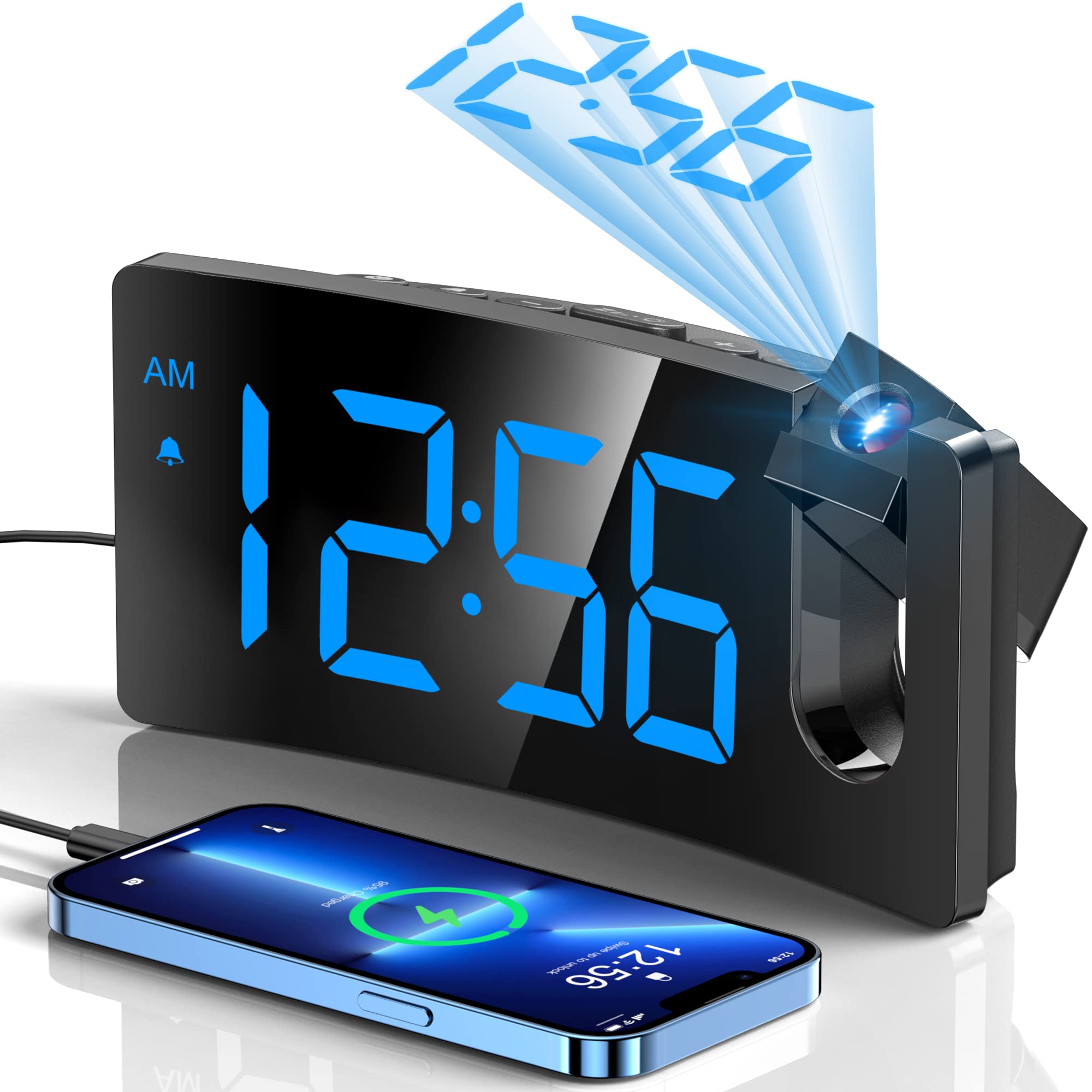 Digital Projector Alarm Clock 180° USB Charger 3 Brightness Levels – Black