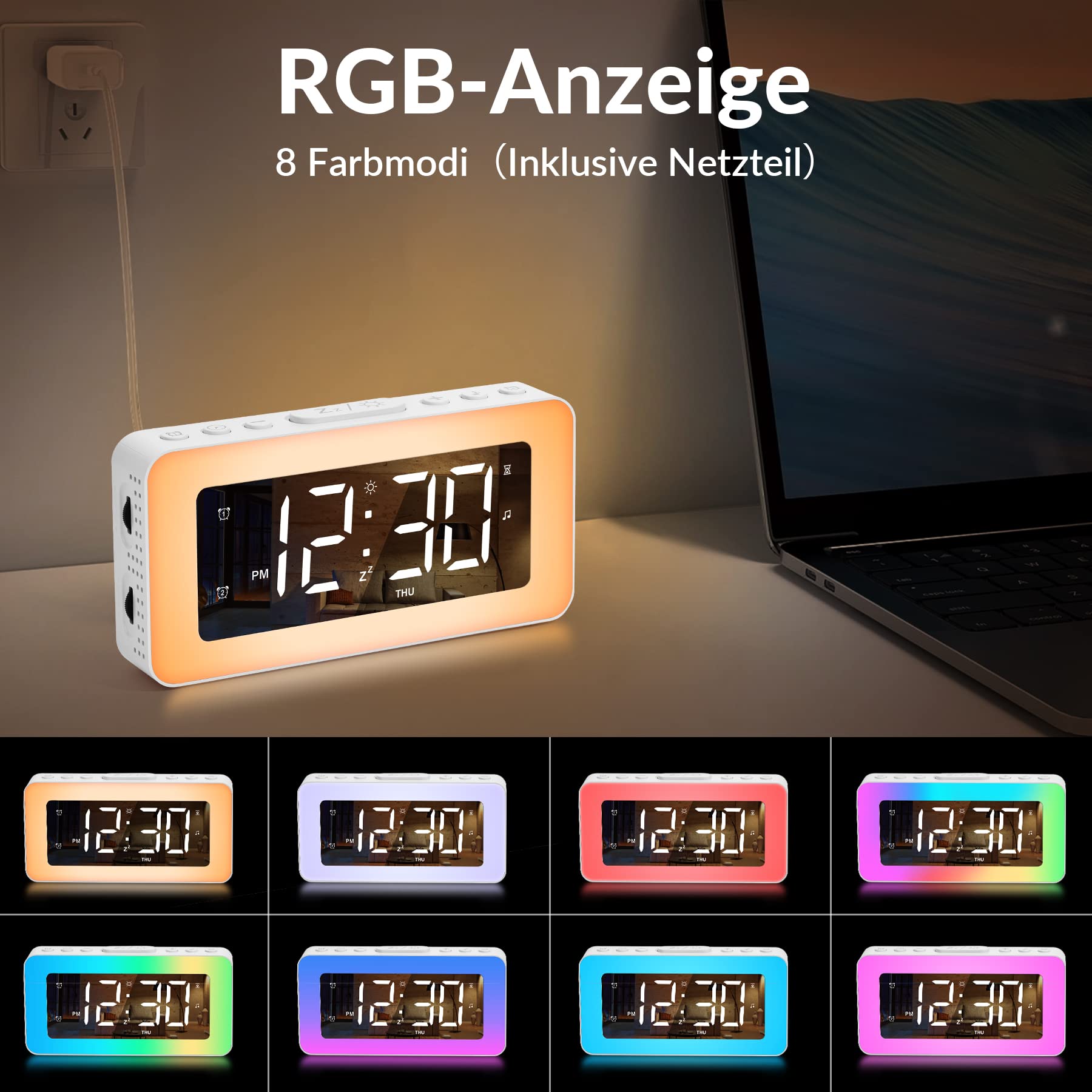 Digital Alarm Clock RGB Color Dual Alarm USB Charging Snooze Extra Loud – Black
