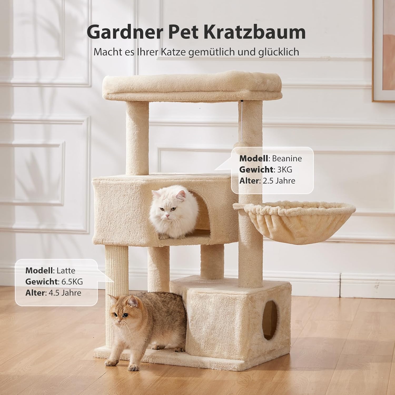 4-Tier Cat Scratching Post – Ultra Stable, 105cm, Beige, Tower with Platforms