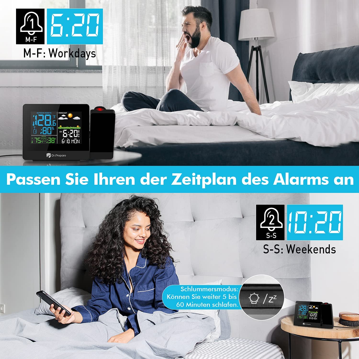 DR.PREPARE Projection Alarm Clock with Outdoor Sensor and Temperature Display – Home & Office