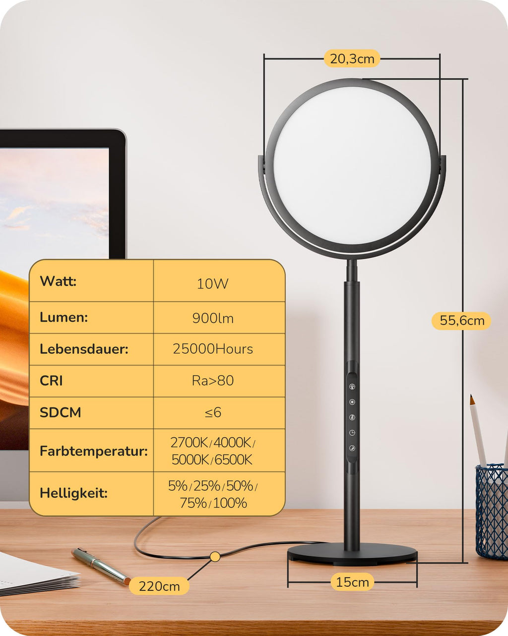 LED Desk Lamp 300° Rotatable Touch Dimmable 5 Brightness Levels - Black