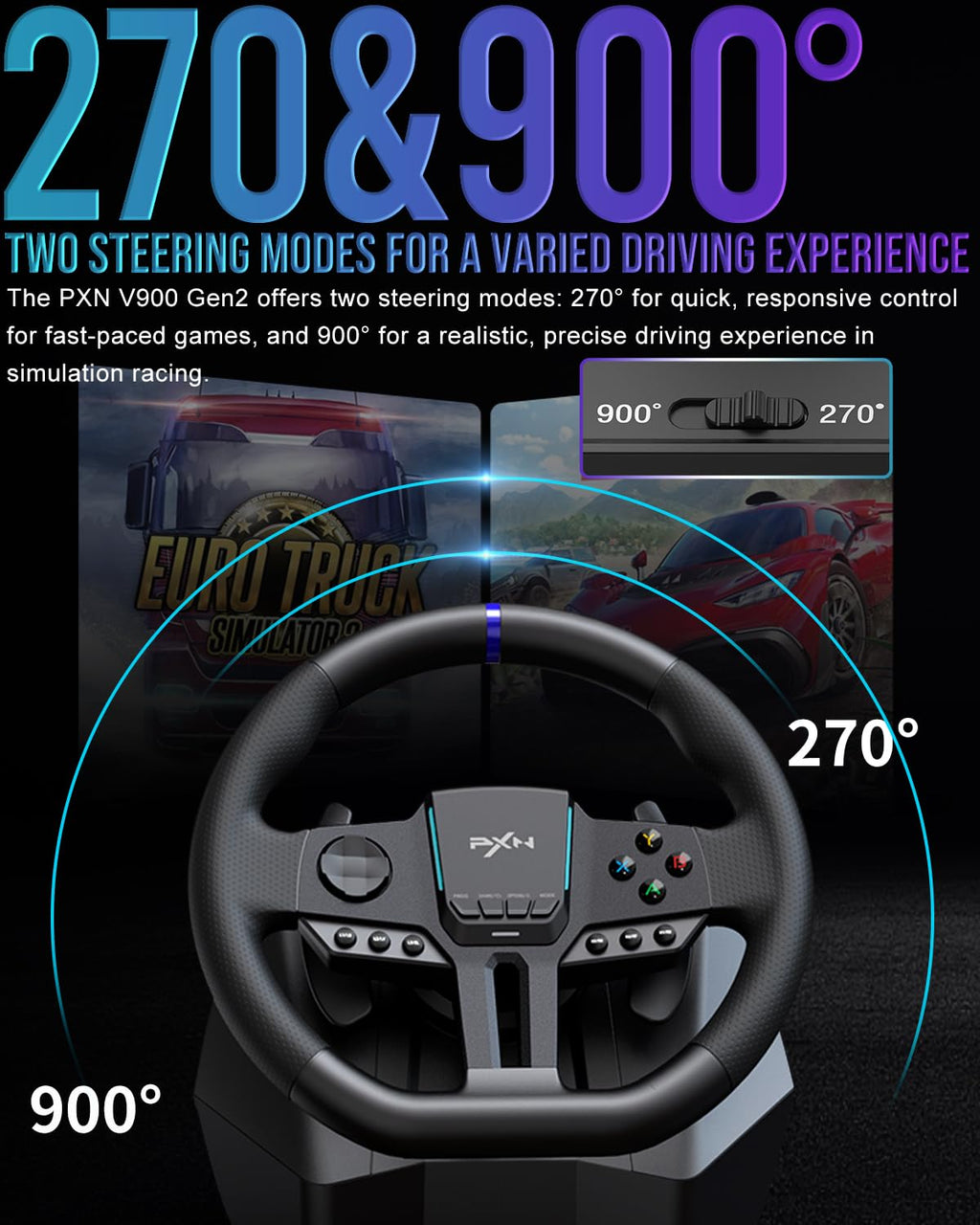 PXN V900 Gen2 Gaming Steering Wheel with Pedals – PC, PS4/PS3, Xbox, Switch