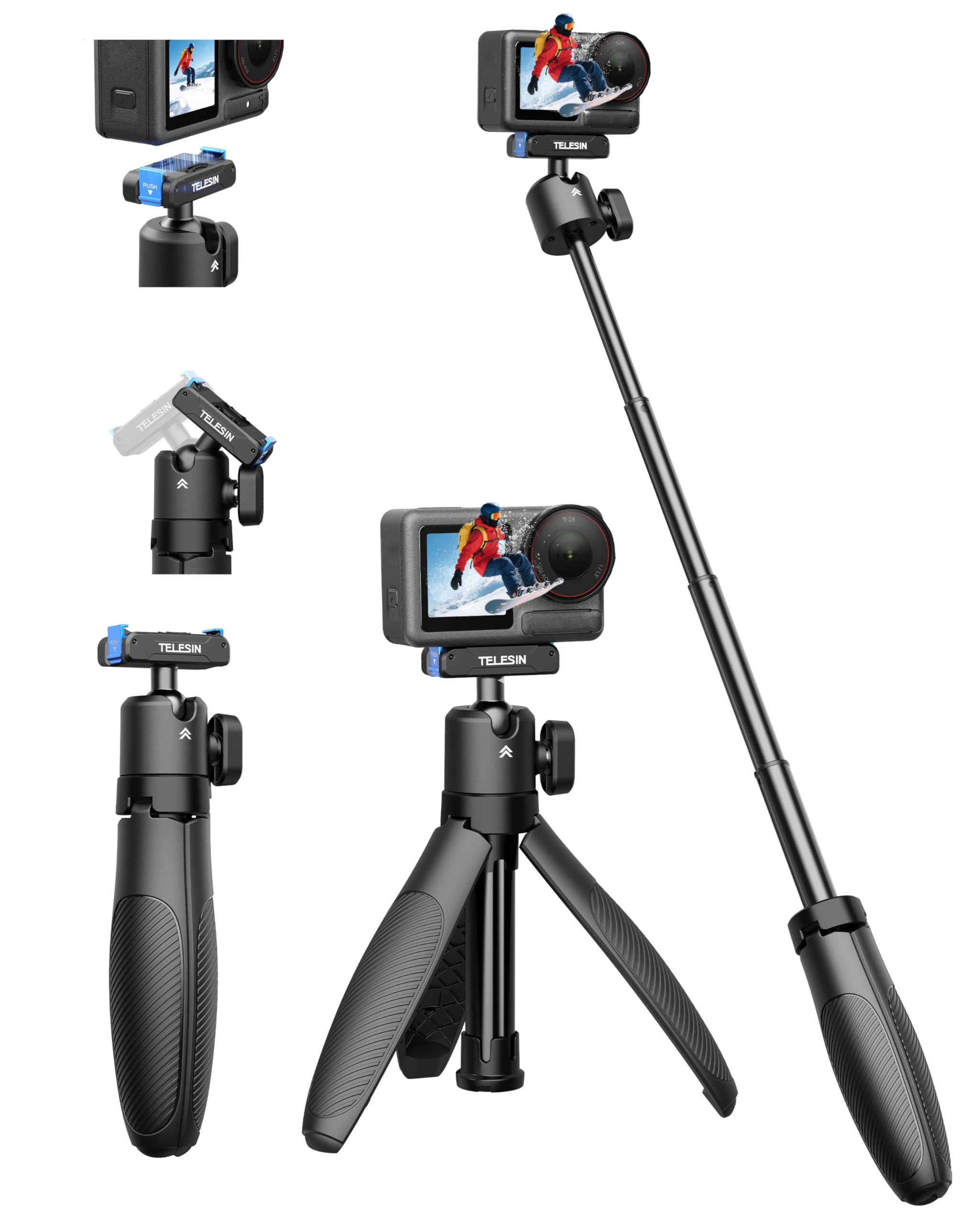 TELESIN Mini Tripod Selfie Stick 40cm Lightweight Aluminum with Magnetic Quick Release – Black