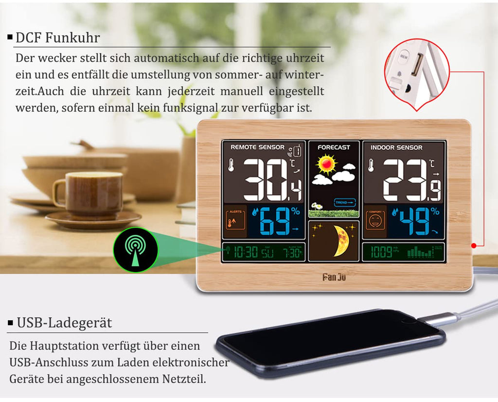 Wireless weather station with outdoor sensor - Color display, digital thermometer