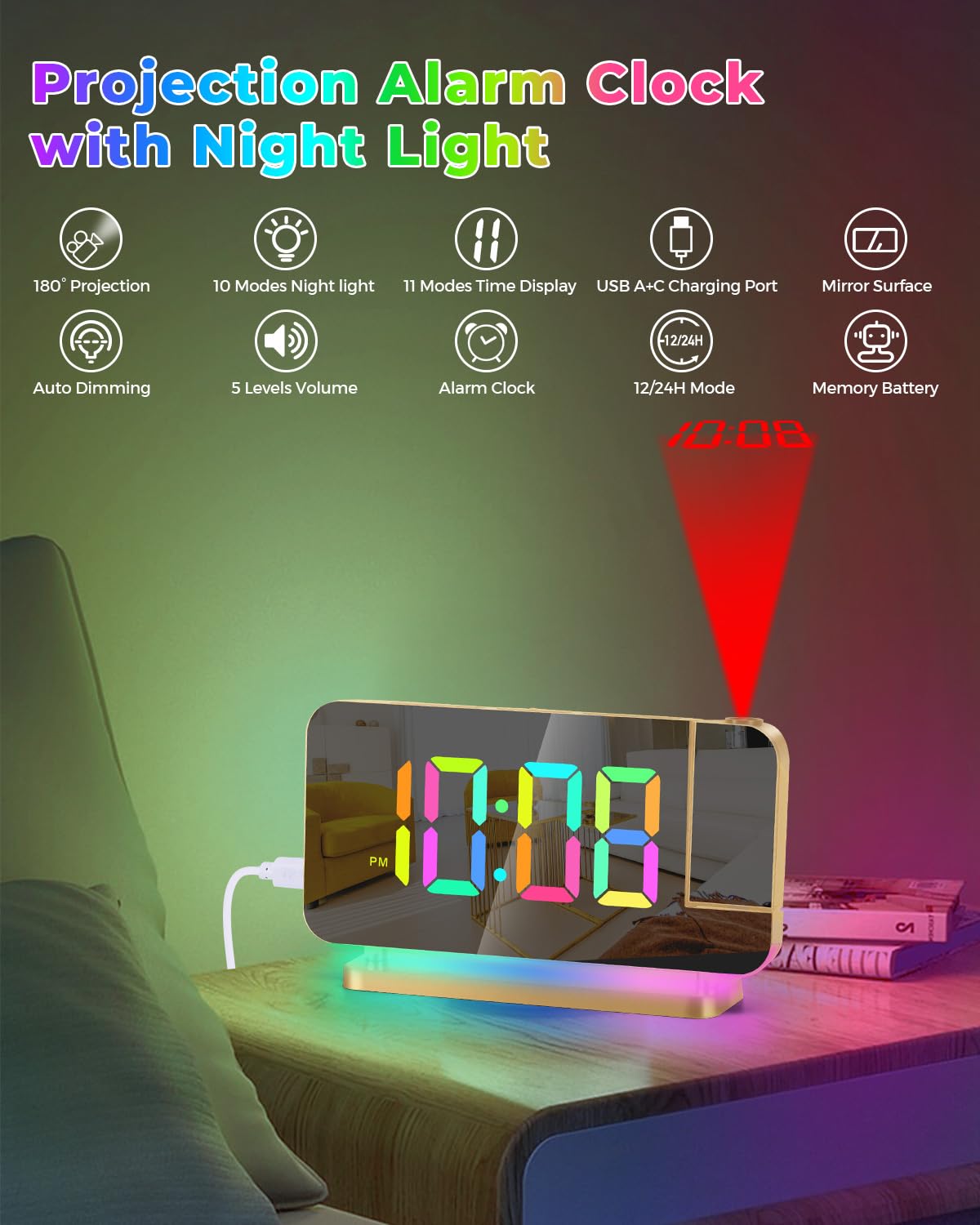 SZELAM projektorowy budzik LED lustro z RGB nocną lampką – Złoty 7,4 cala