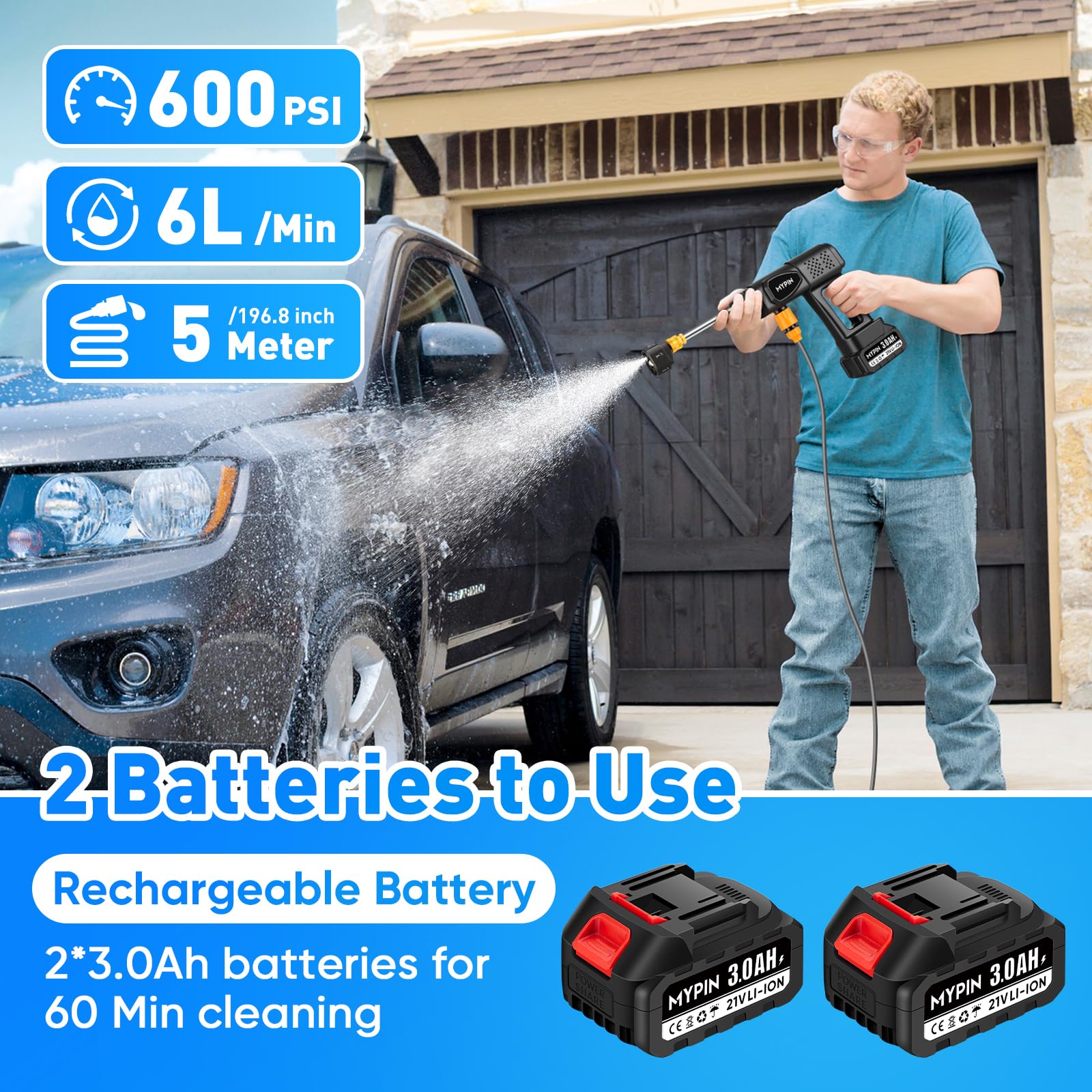 High-Pressure Washer 600 PSI 21V 2 Batteries – 6-in-1 Nozzle