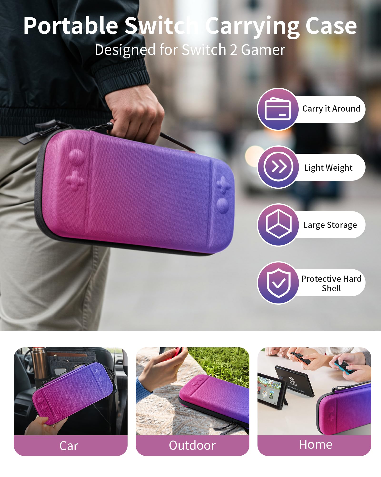 Nintendo Switch 2 Large Travel Case with Screen Protector and Accessory Pockets – Purple/Blue