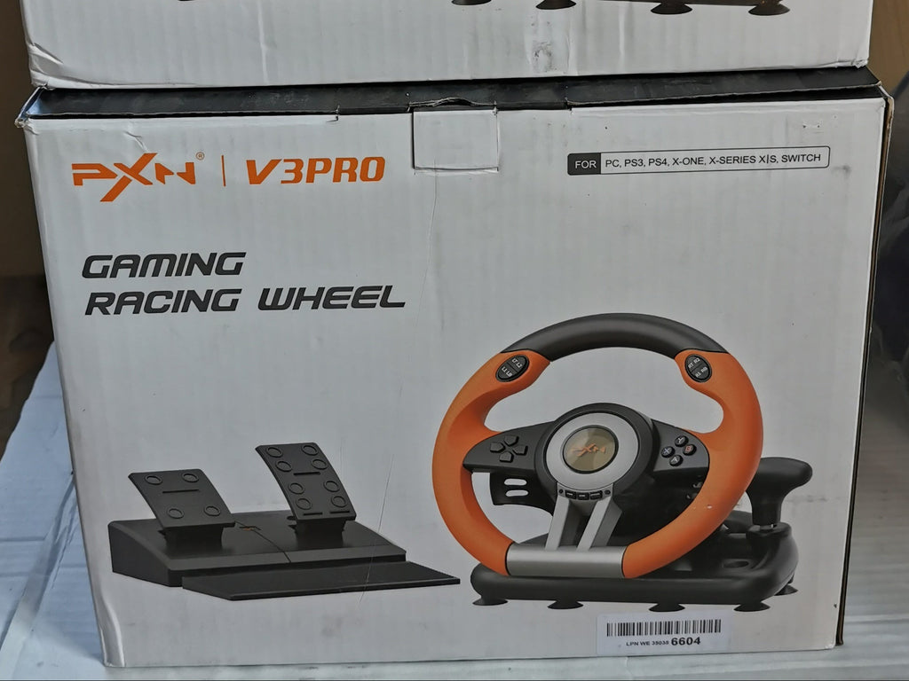 Kierownica Gamingowa PXN V3 Pro   z Pedałami – 180°, Wibracje, Paddle Shift – Pomarańczowa