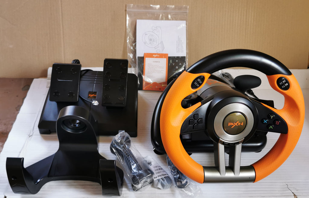 Kierownica Gamingowa PXN V3 Pro   z Pedałami – 180°, Wibracje, Paddle Shift – Pomarańczowa