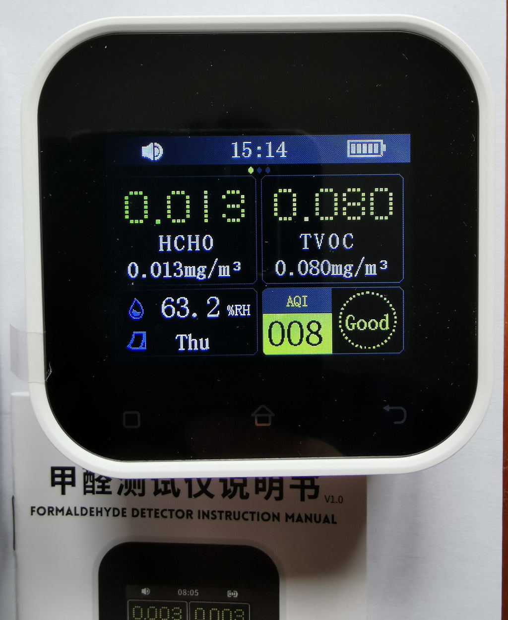 Monitor Jakości Powietrza SFD-02 , Detektor formaldehydu 4 w 1 z Ekranem Dotykowym – Detektor HCHO, TVOC, Temperatury i Wilgotności