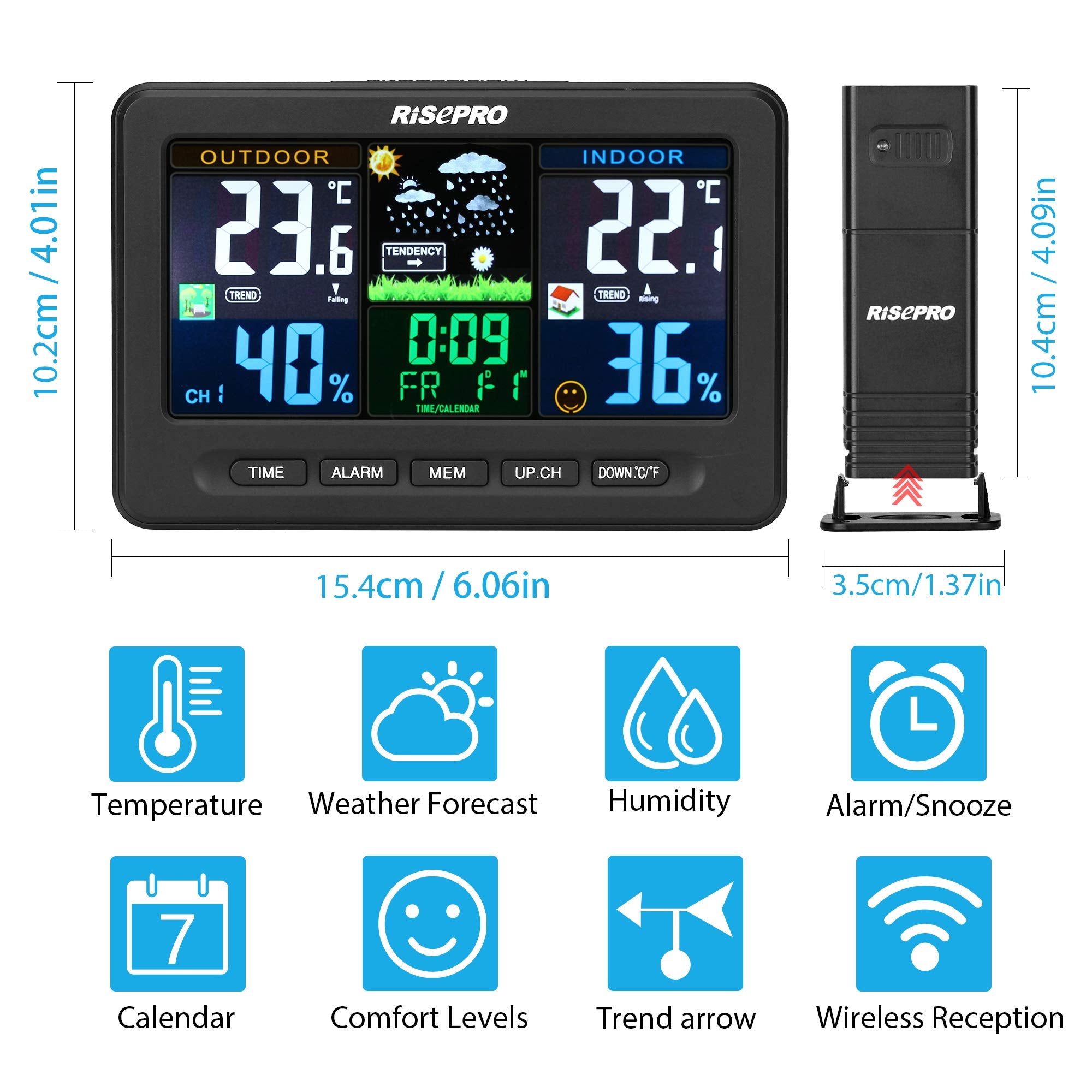 Wireless Weather Station – Temperature and Humidity Sensors, Alarm Clock, Color LCD