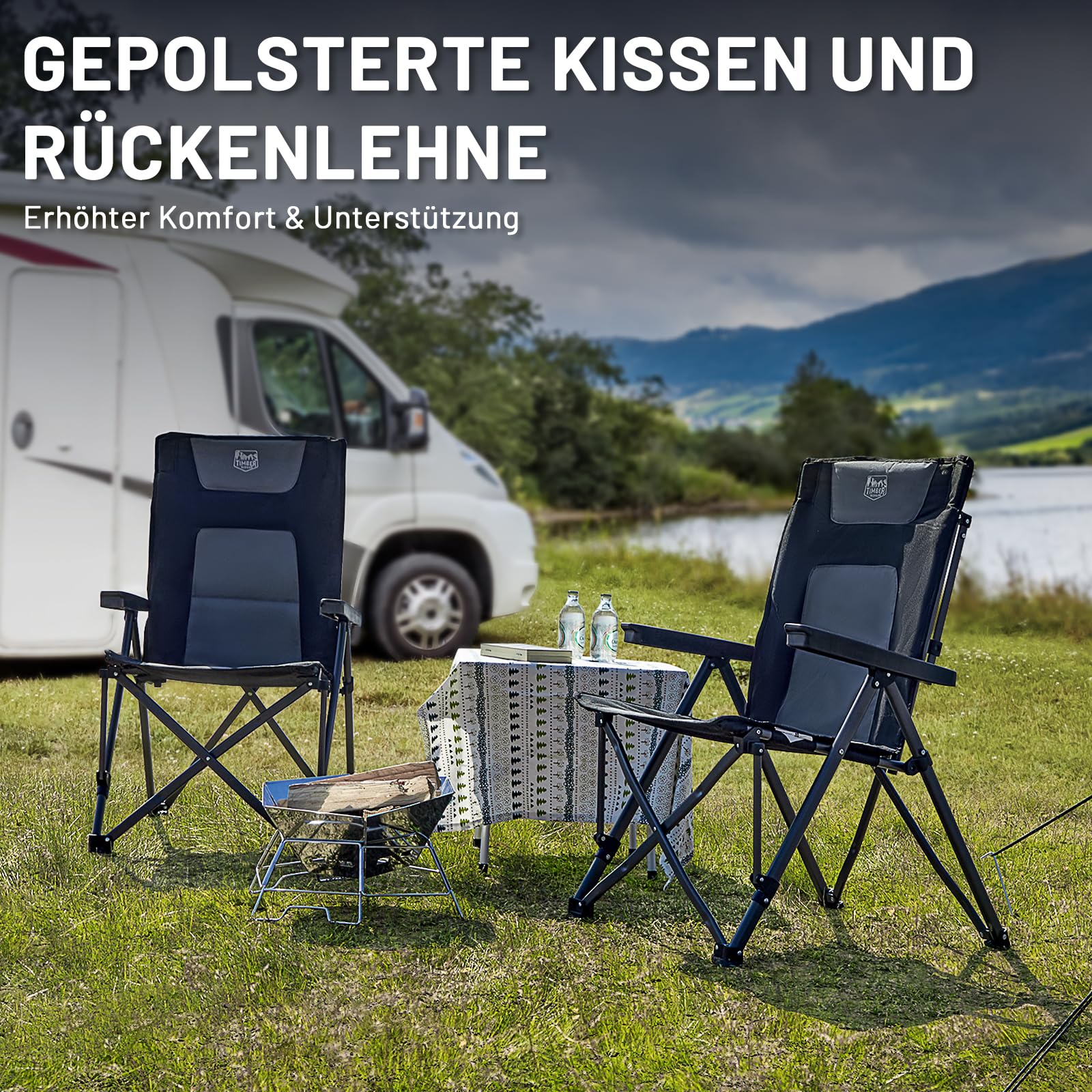 TIMBER RIDGE Folding Camping Chair – 260kg, 4 Positions, Armrests, Black