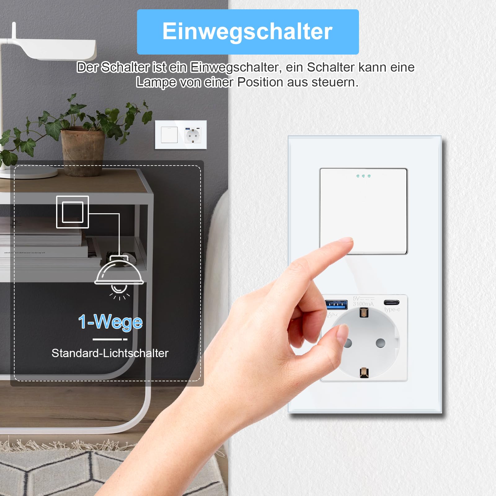 Light Switch with Schuko Socket and USB Ports Modern Flush-Mounted – Black