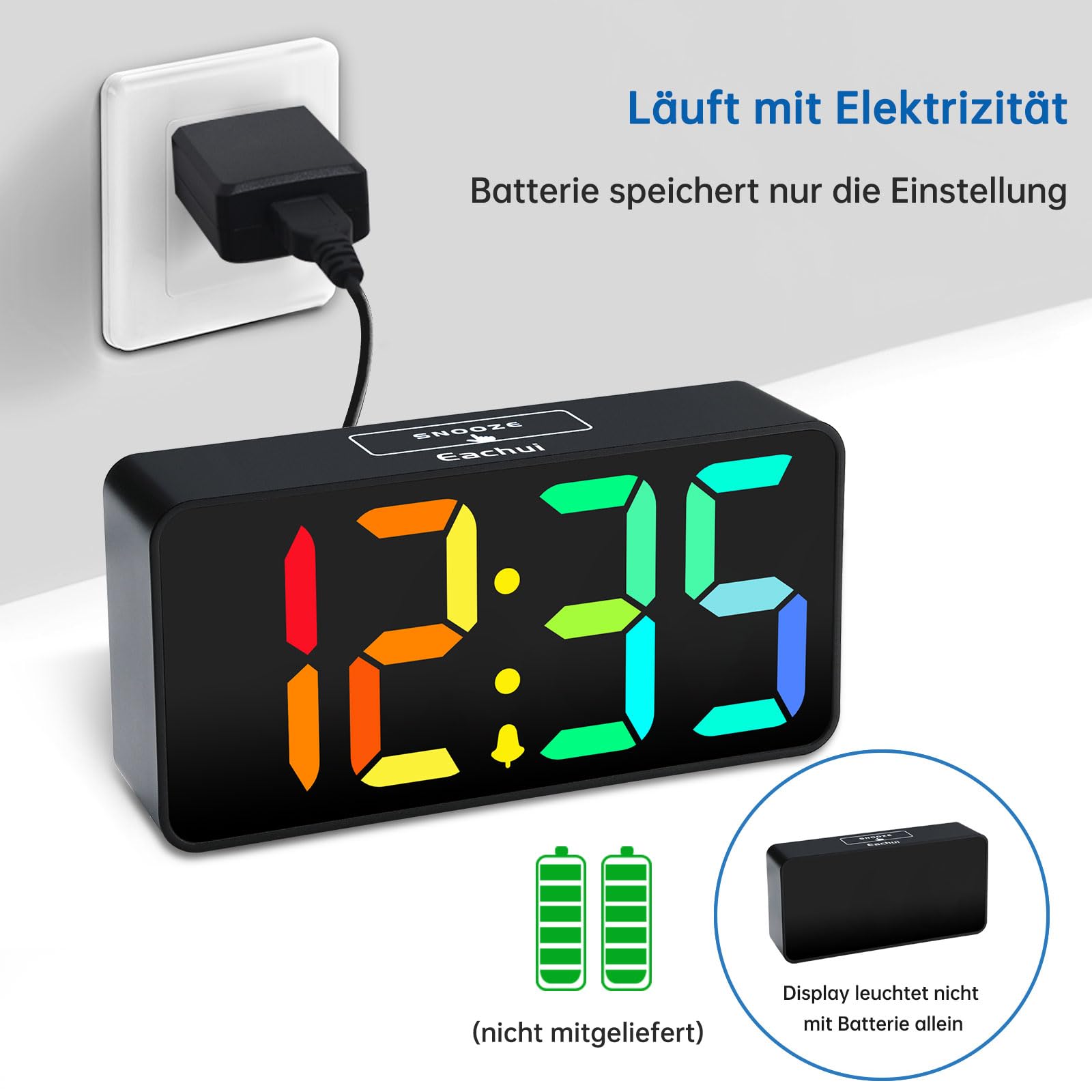 Digital LED Alarm Clock with RGB Color Display – USB Charging, Mains Powered