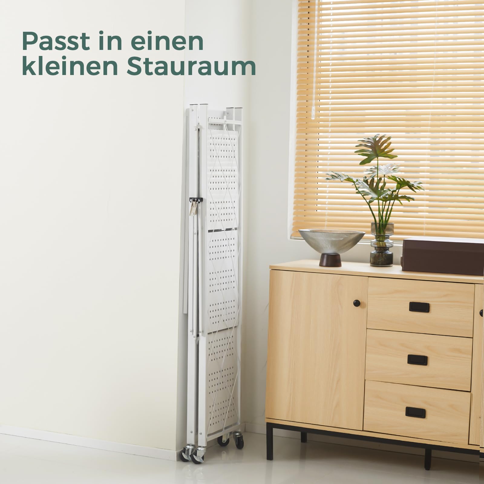 DEANIC Foldable Metal Shelf 4 Tiers – 61x116x28cm, On Wheels, White