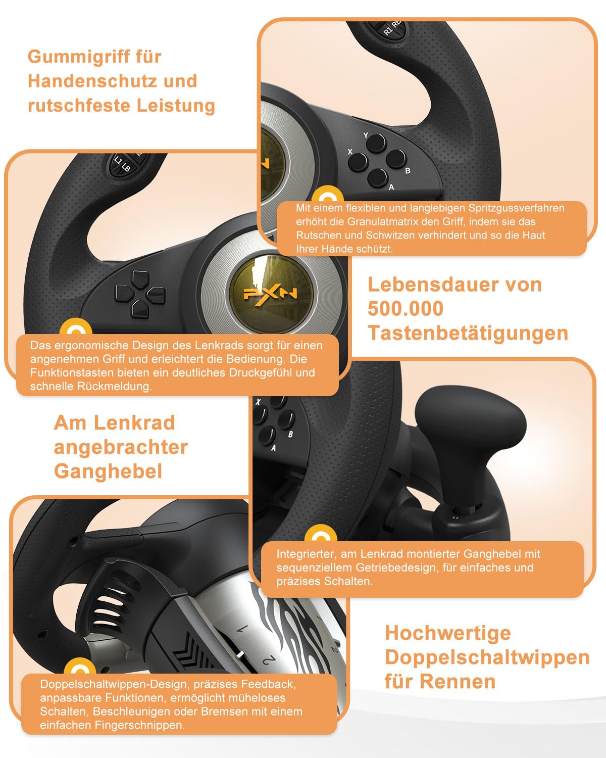 PXN V3 Pro Gaming Steering Wheel with Pedals – 180°, Vibration, Paddle Shift – PC/PS4/Xbox/Switch
