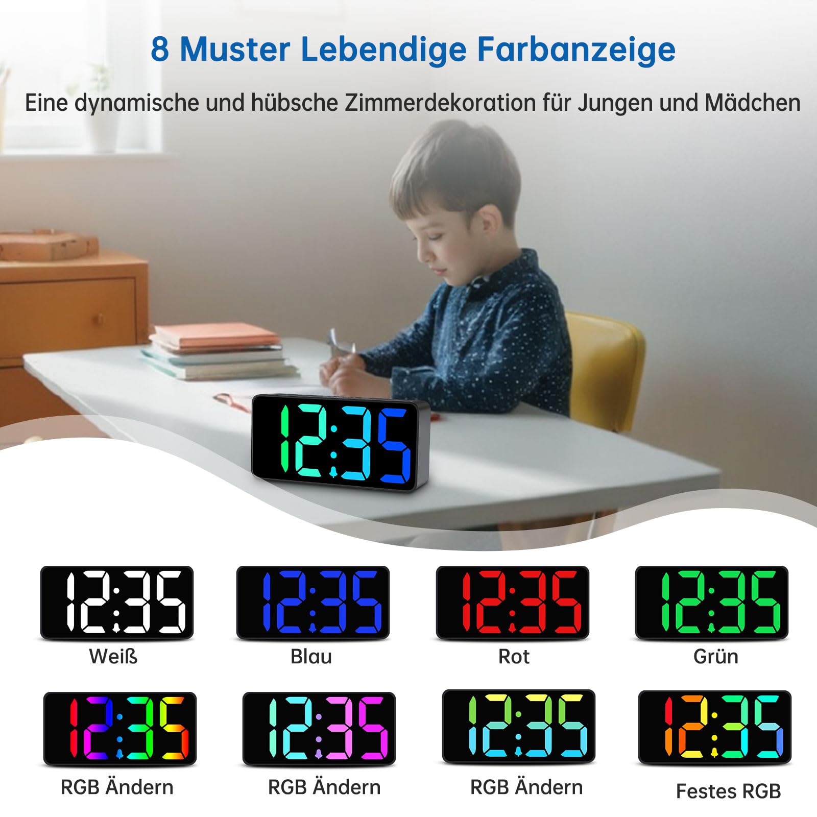 Digital LED Alarm Clock with RGB Color Display – USB Charging, Mains Powered