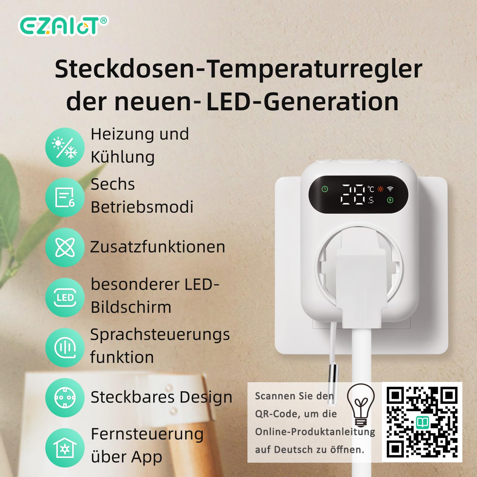 WiFi Thermostat with Timer for Heating and Cooling – Digital 230V with 3m Sensor