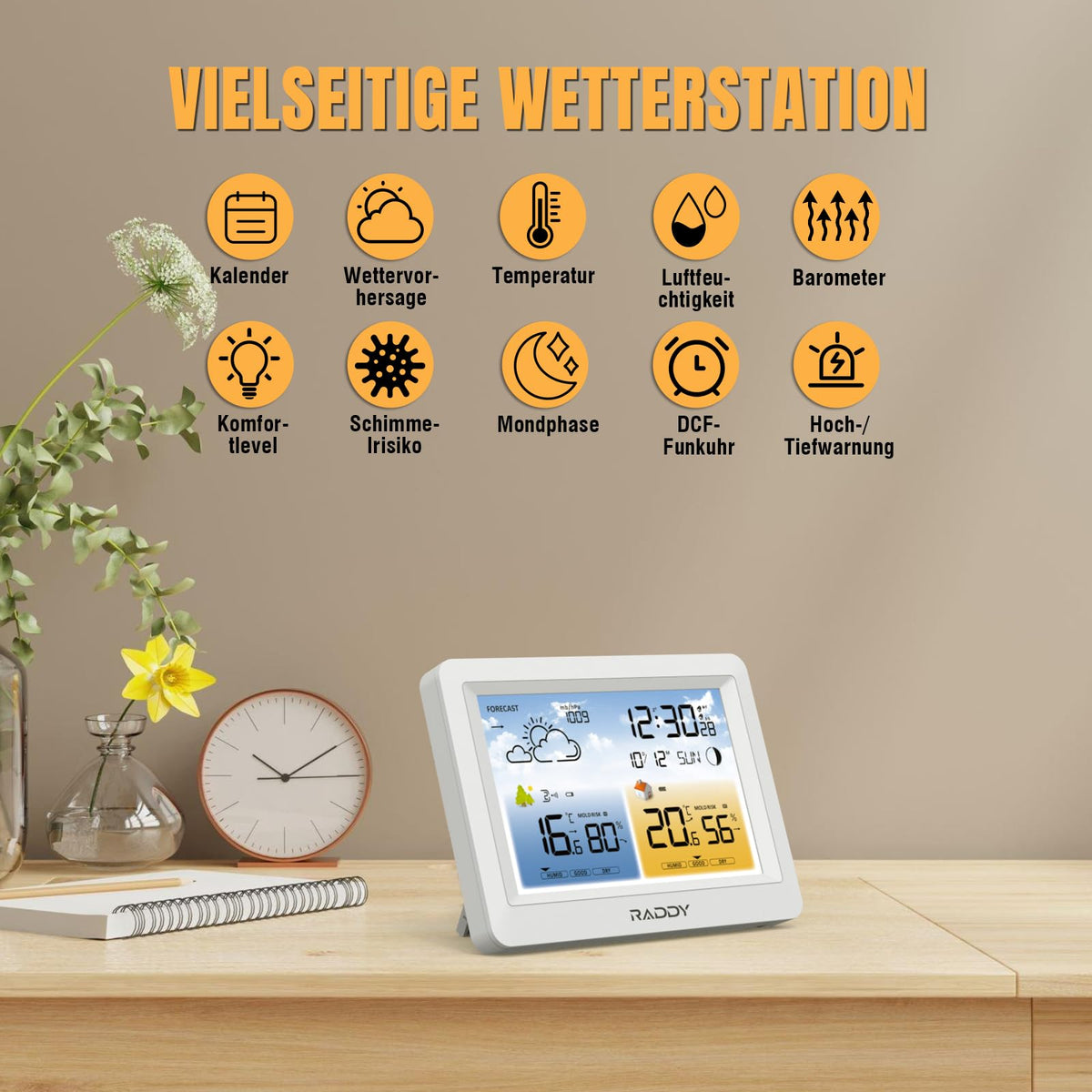 Stacja meteorologiczna Raddy WM6 radio bezprzewodowy termometr higrometr wewnętrzny zewnętrzny - czarny