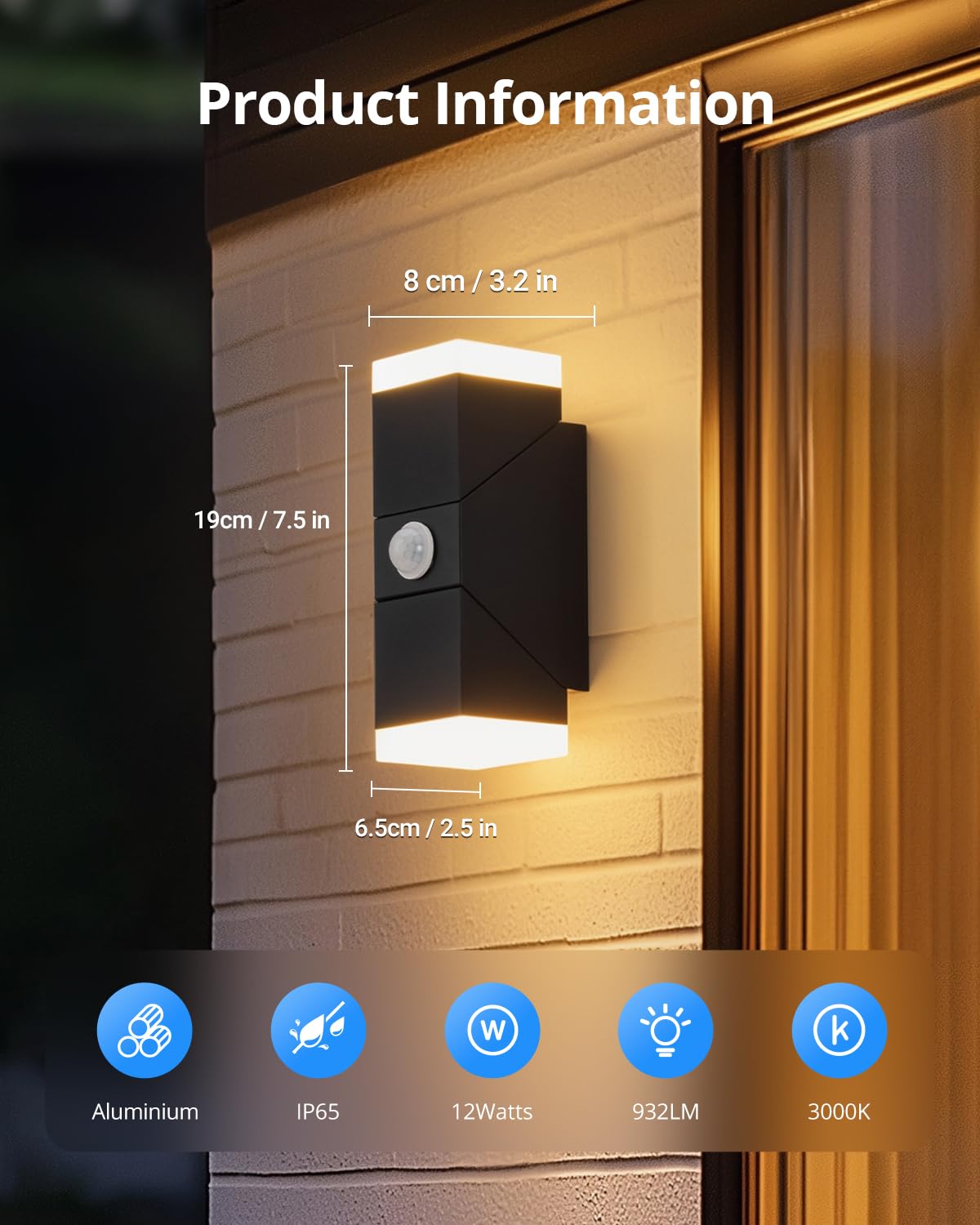 12W Lampa Ścienna z Czujnikiem Ruchu IP65 Wodoodporna – Czarna