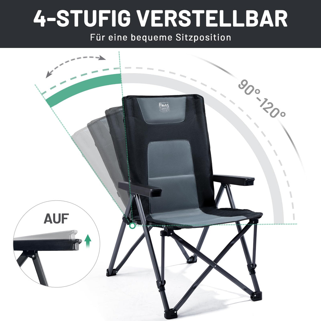 TIMBER RIDGE Folding Camping Chair – 260kg, 4 Positions, Armrests, Black