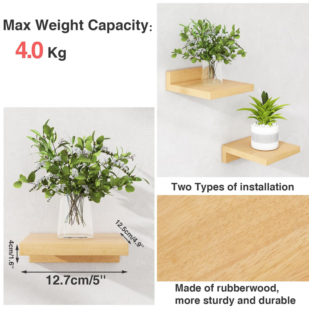 Small Floating Shelf Set of 6 Wooden Wall Shelves for Bedroom and Bathroom - Natural Wood