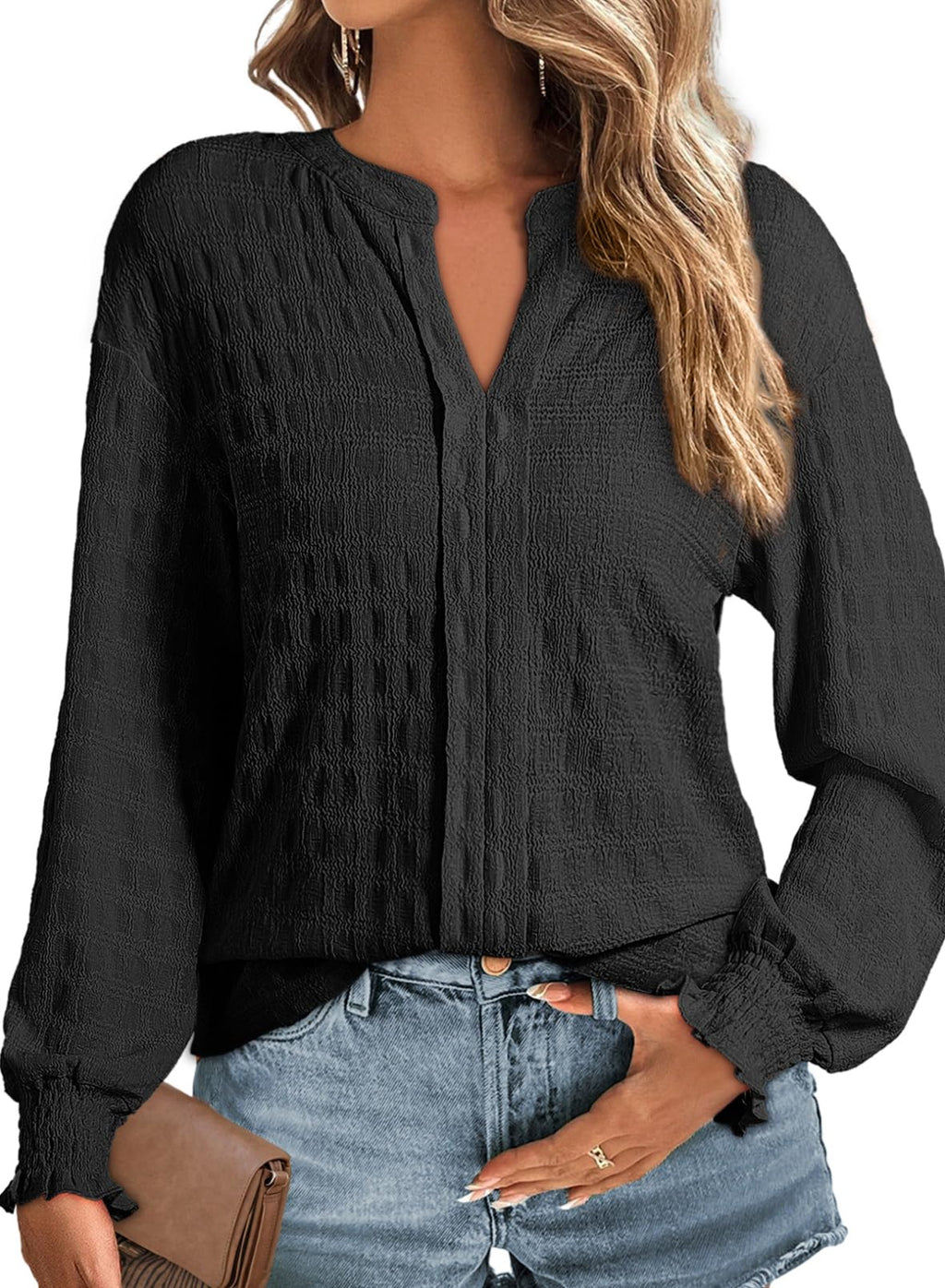 Women's Long-Sleeve V-Neck Blouse - Casual Tunic, Black, Size S