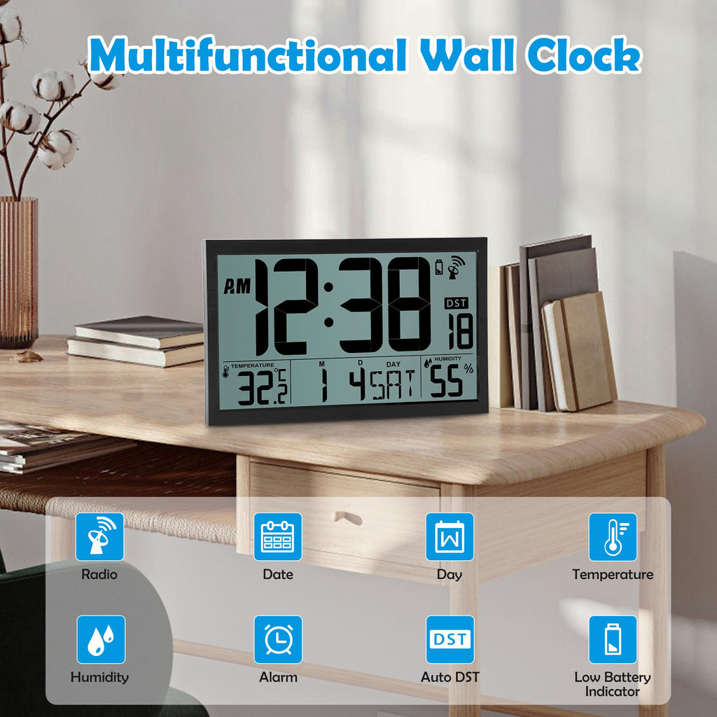 Digital Radio Wall Clock 16.7" with Temp. and Humidity Display – Black