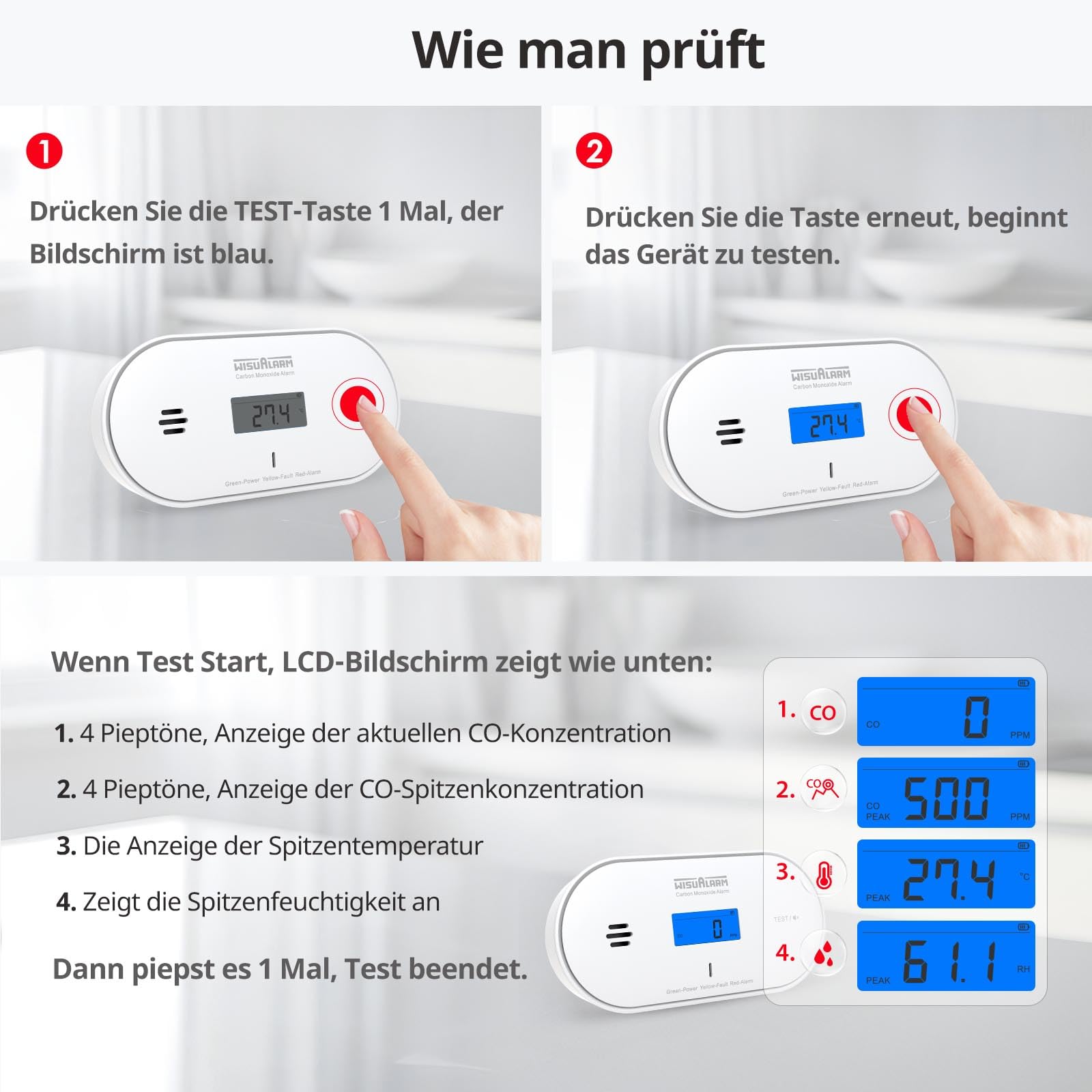 Carbon Monoxide Detector with Alarm – Temperature, Humidity, LCD, 10-Year Battery