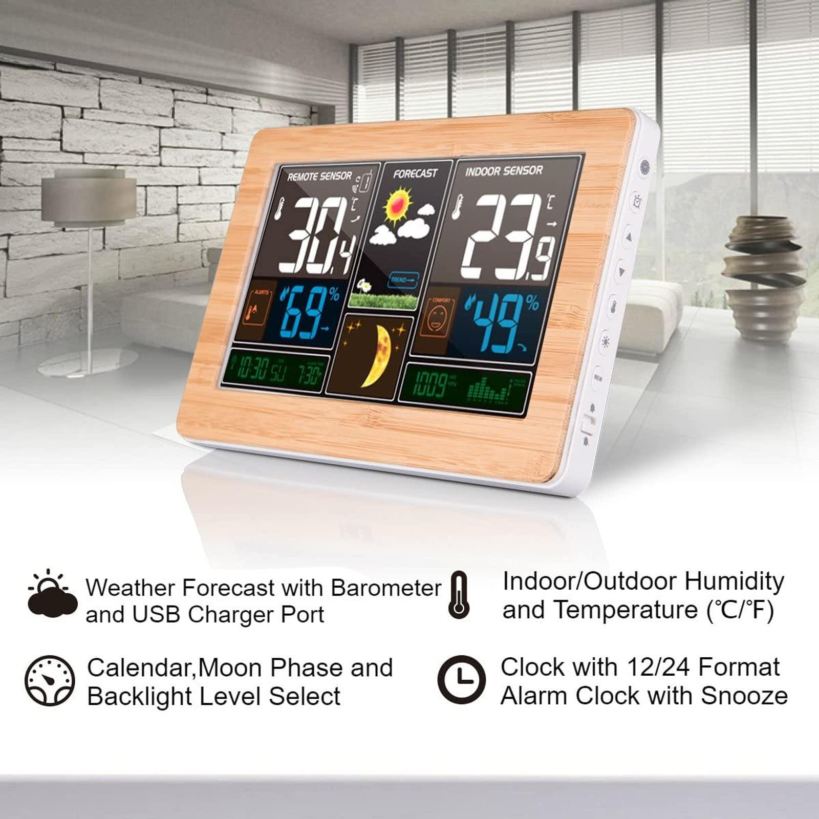 Wireless weather station with outdoor sensor - Color display, digital thermometer