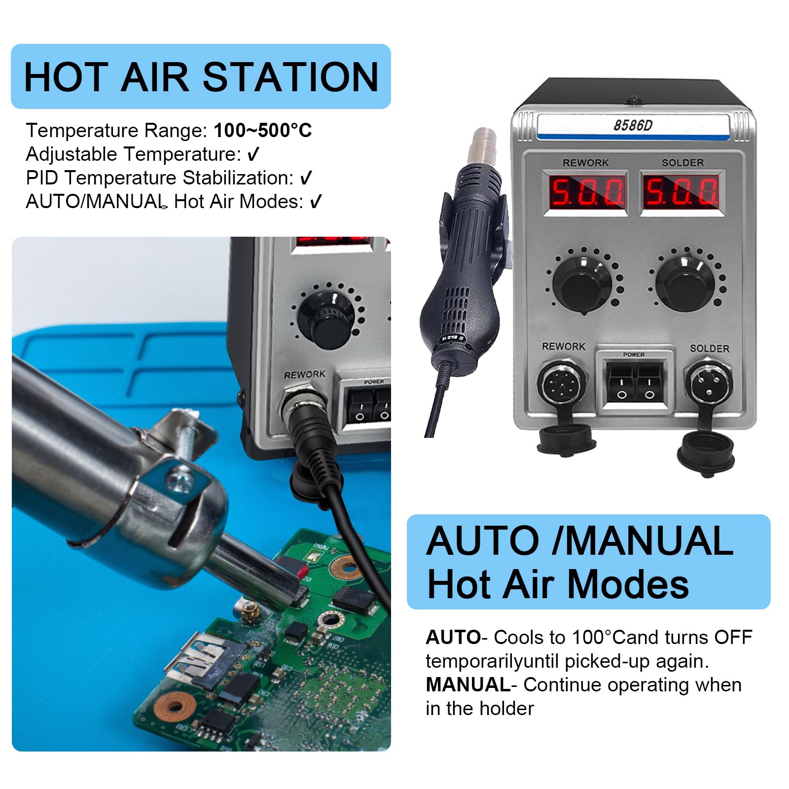 8586D 2-in-1 Hot Air Soldering Station and Soldering Iron, Adjustable Temperature 100-500°C – USB