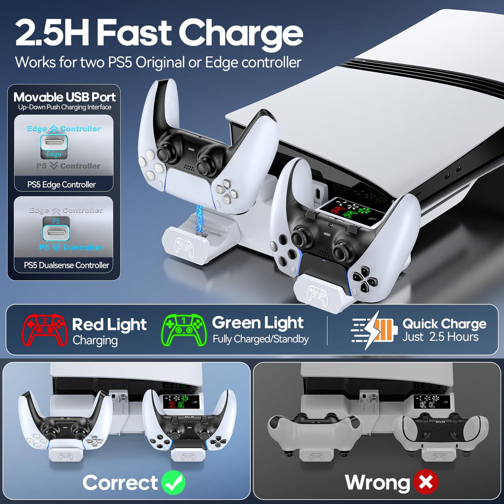 PS5 Horizontal Stand with Cooling Fan and Controller Charger – White
