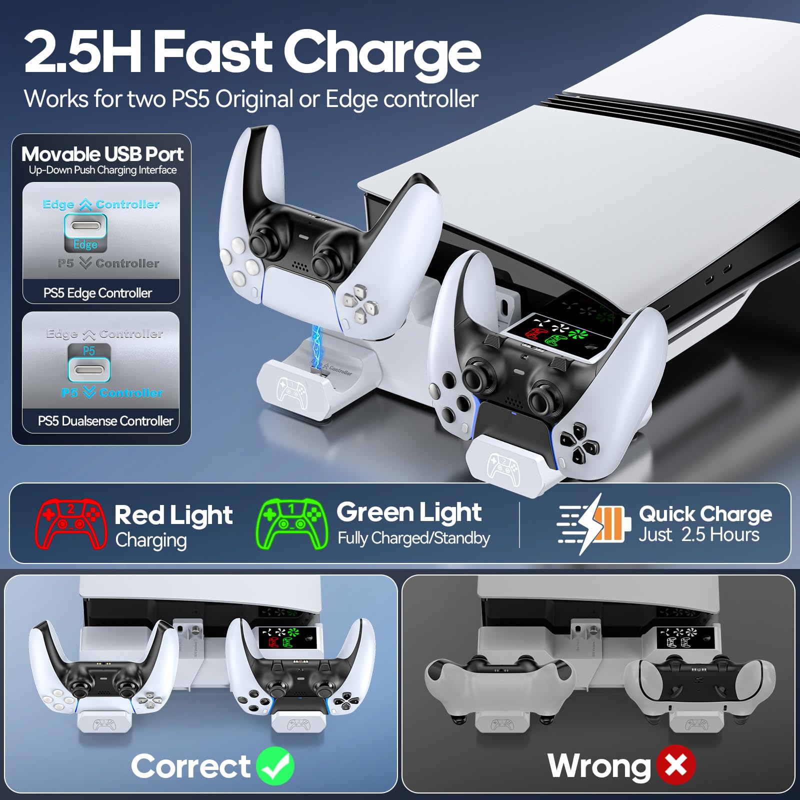 PS5 Horizontal Stand with Cooling Fan and Controller Charger – White