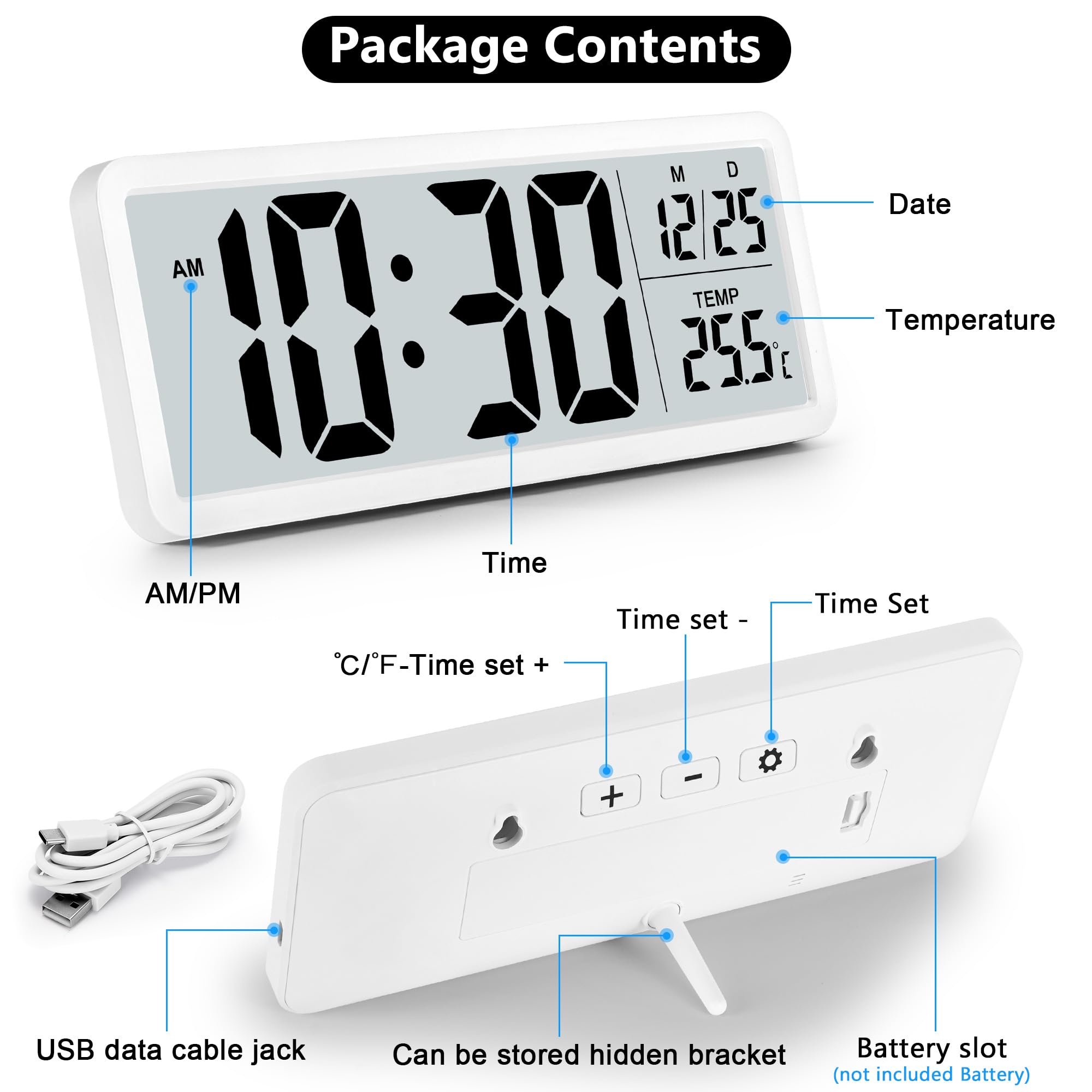 Sukeen Battery Operated Digital Wall Clock with Large Digits - White