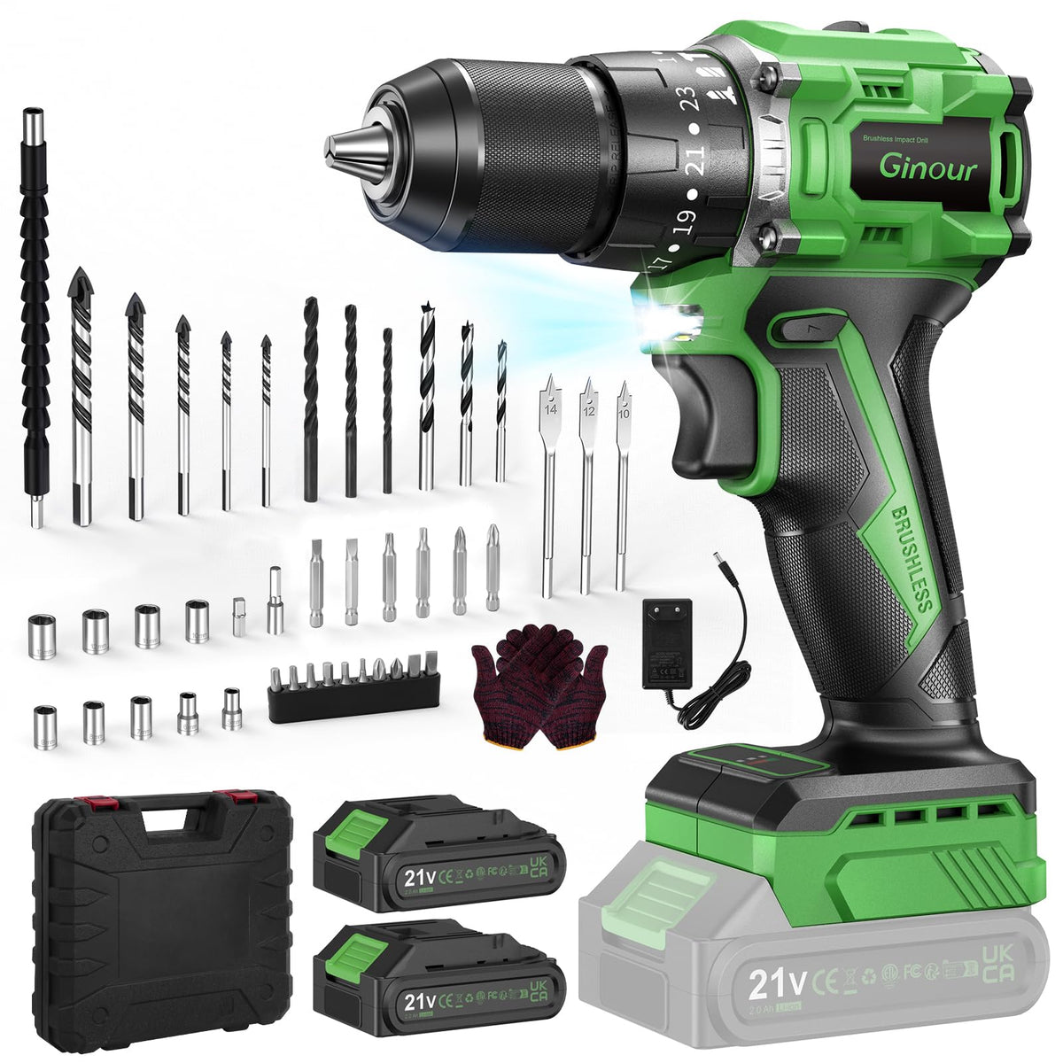 Wiertarko-wkrętarka Udarowa Bezszczotkowa Ginour 800W 21V 50Nm – Zestaw 47 Elementów