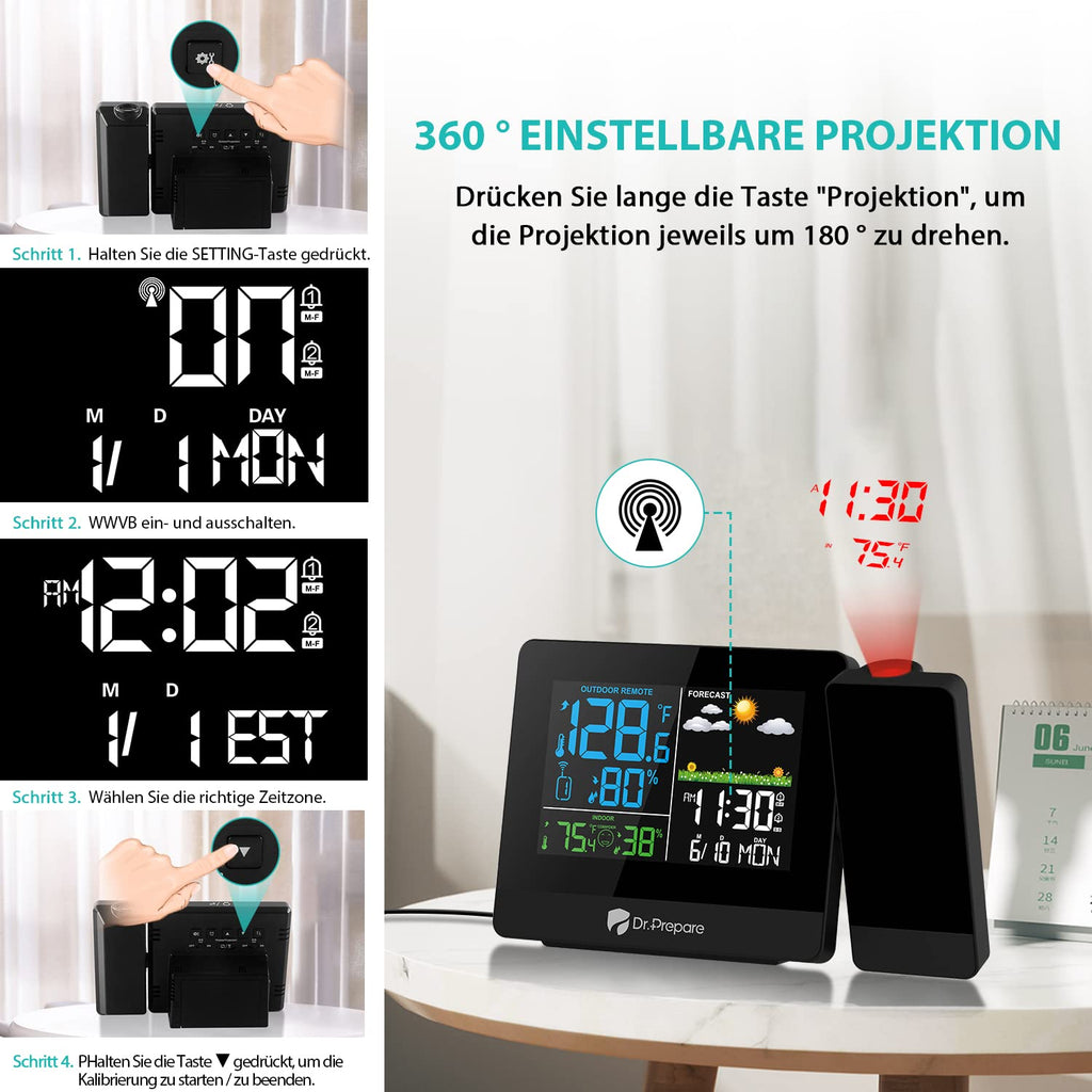 DR.PREPARE Projection Alarm Clock with Outdoor Sensor and Temperature Display – Home & Office
