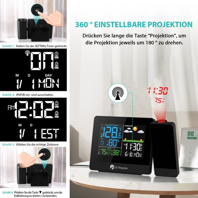 DR.PREPARE Projection Alarm Clock with Outdoor Sensor and Temperature Display