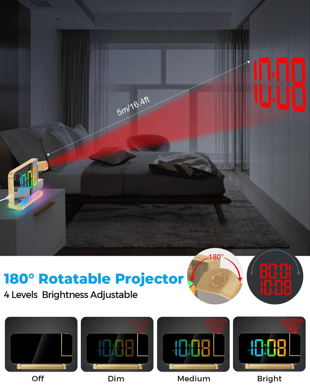 SZELAM projektorowy budzik LED lustro z RGB nocną lampką – Złoty 7,4 cala