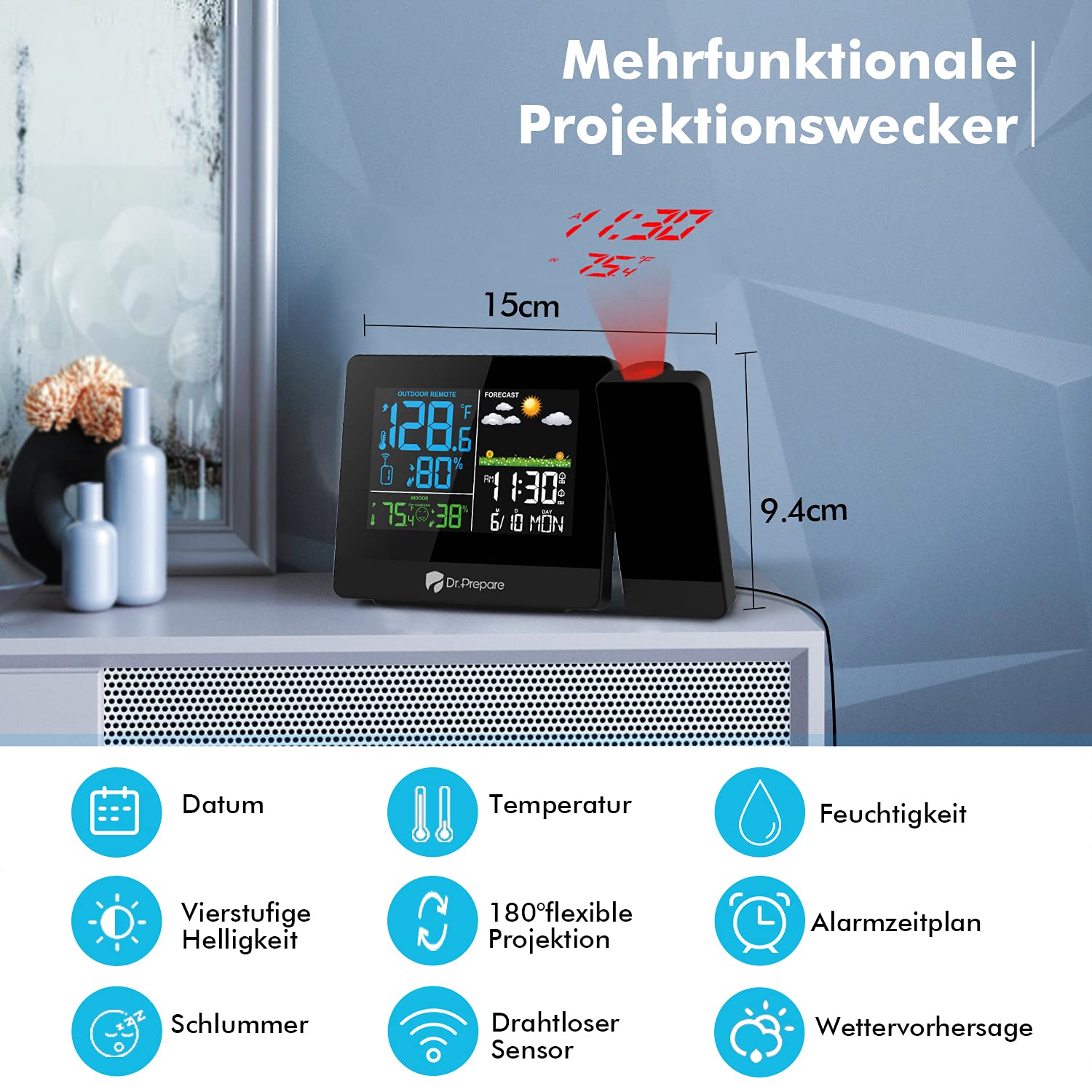 DR.PREPARE Projection Alarm Clock with Outdoor Sensor and Temperature Display – Home & Office