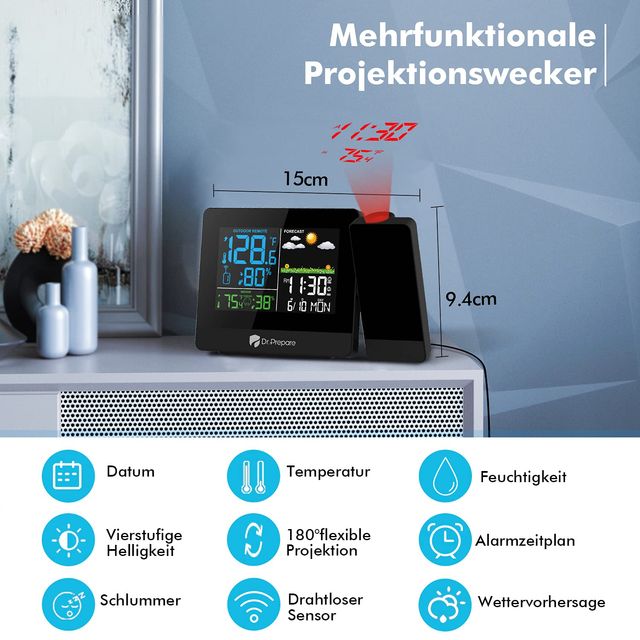 DR.PREPARE Projection Alarm Clock with Outdoor Sensor and Temperature Display