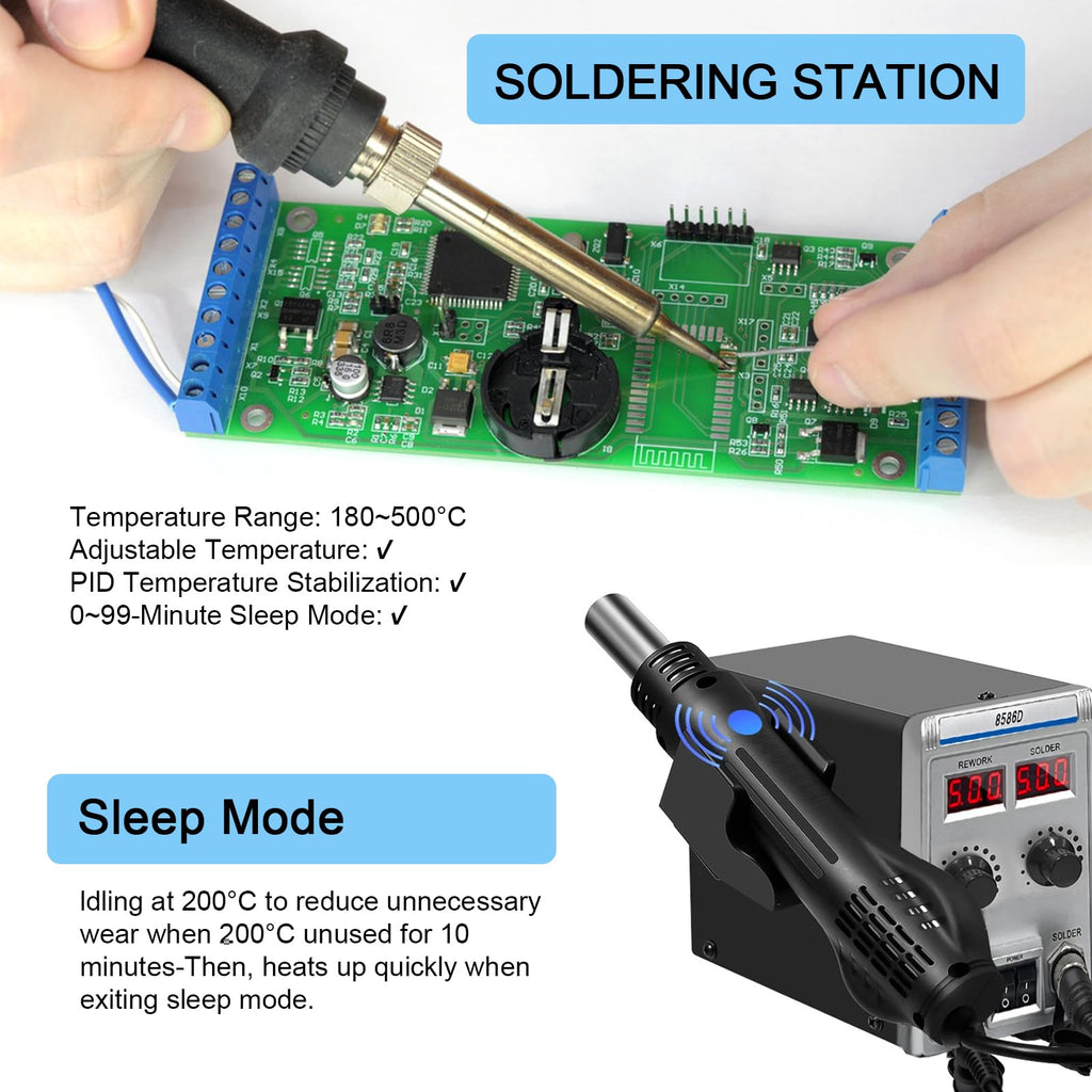 8586D 2-in-1 Hot Air Soldering Station and Soldering Iron, Adjustable Temperature 100-500°C – USB