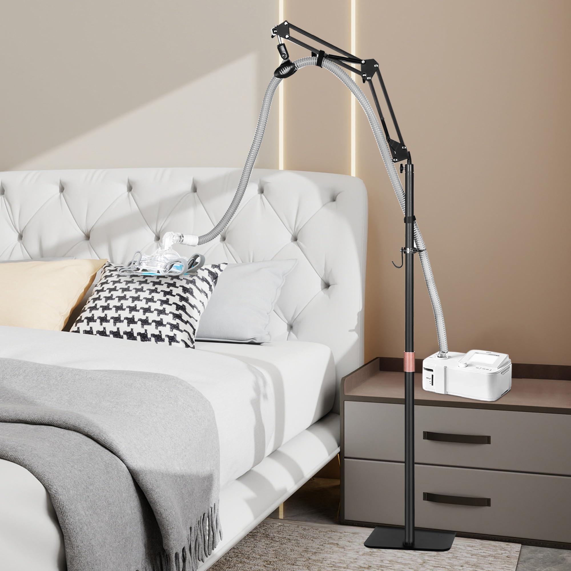 CPAP Hose Holder Adjustable Height Bed Hanger Prevents Tangling - White