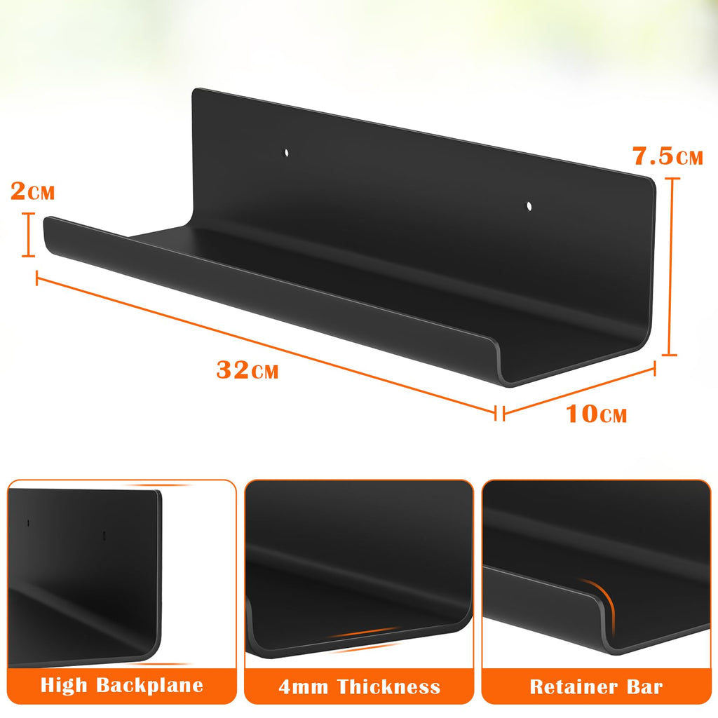 No-Drill Floating Shelves Set for Living Room and Bathroom - Black 32 cm