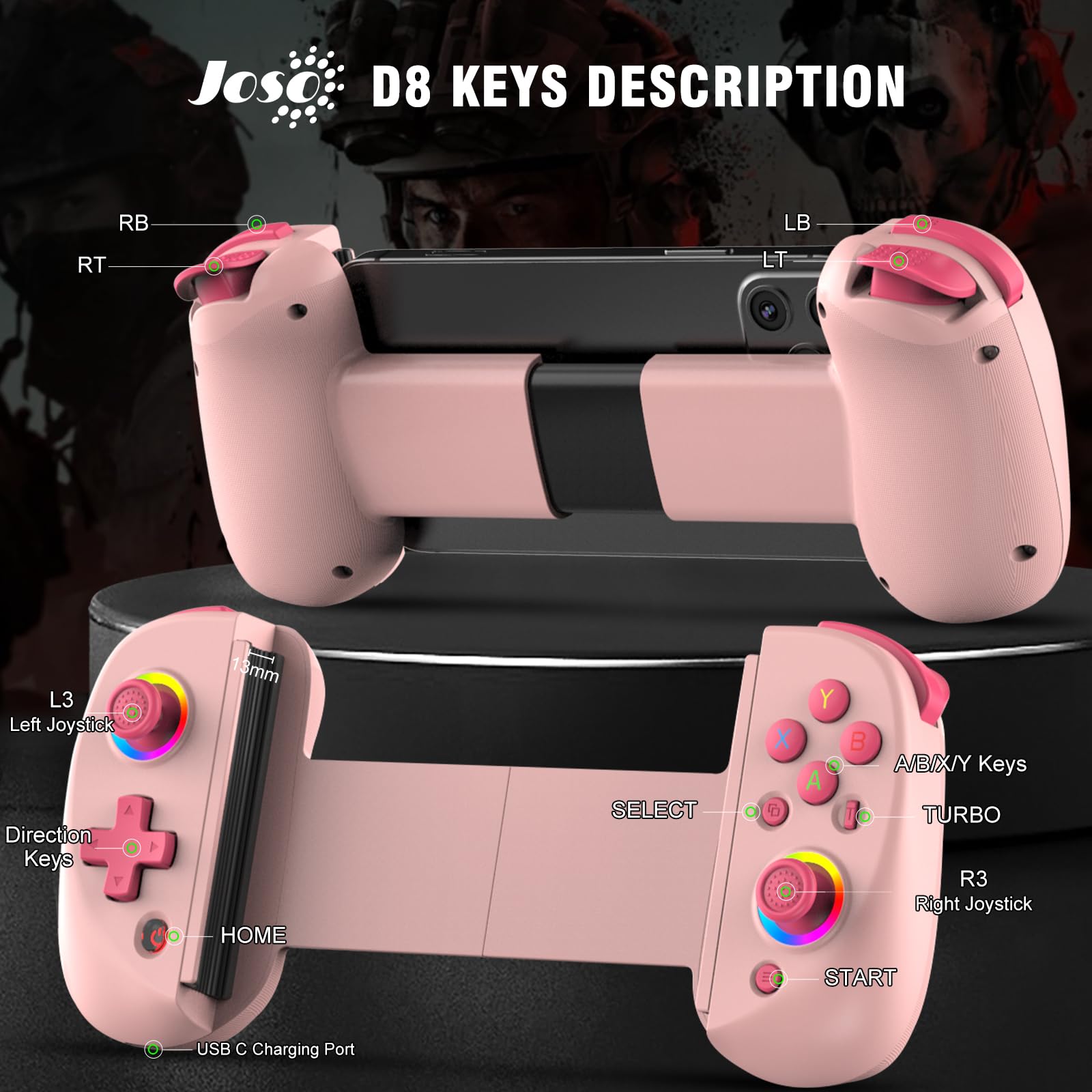 Phone Controller for iPhone/Android, D8 for Switch/PS/PC – Pink
