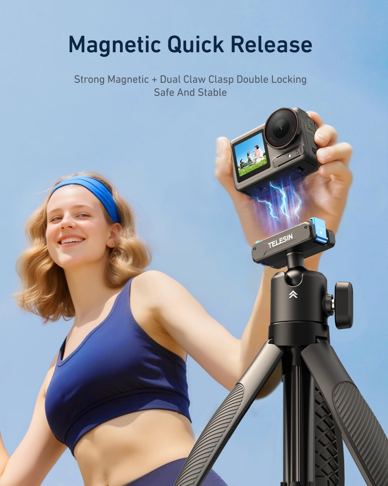 TELESIN Mini Tripod Selfie Stick 40cm Lightweight Aluminum with Magnetic Quick Release – Black