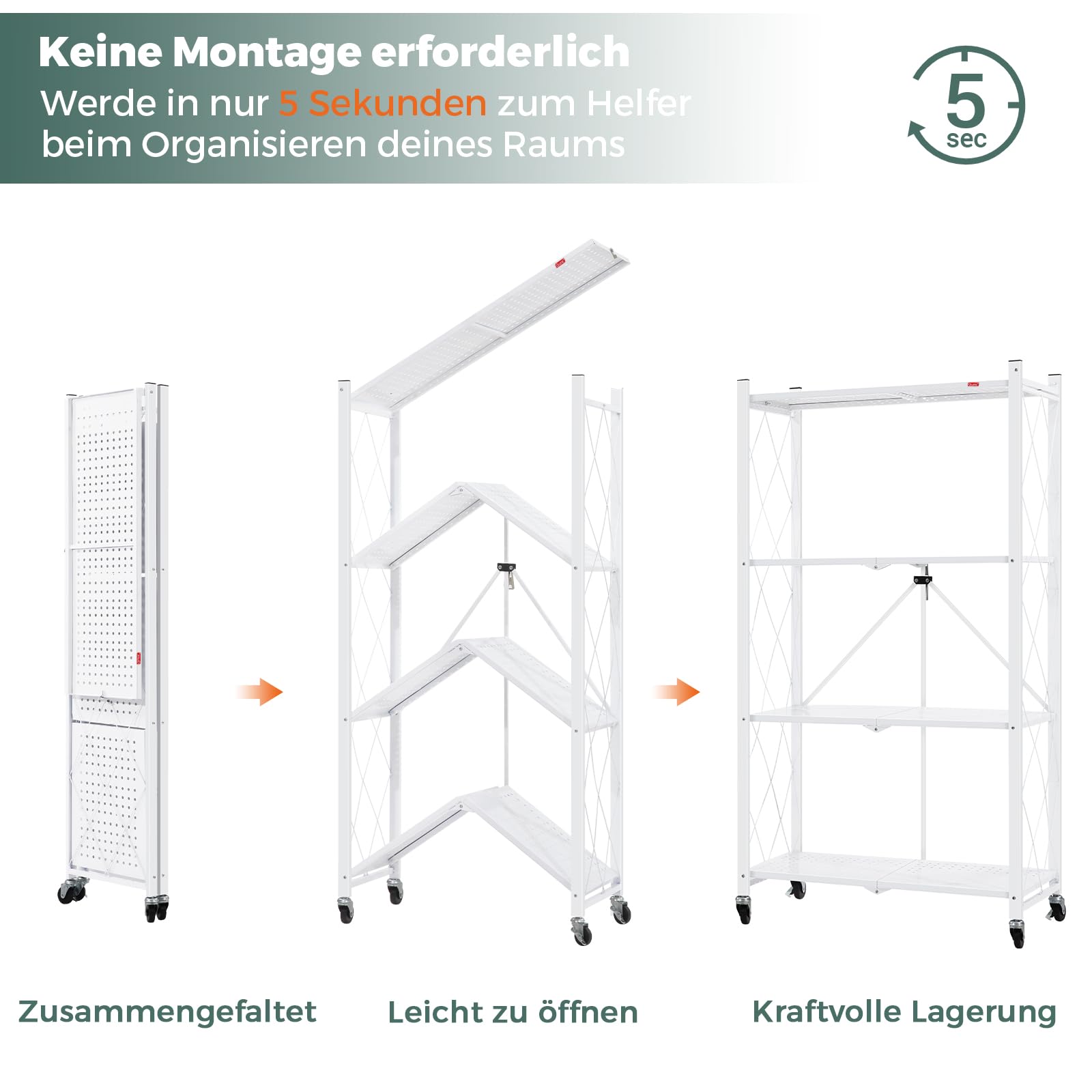 DEANIC Foldable Metal Shelf 4 Tiers – 61x116x28cm, On Wheels, White