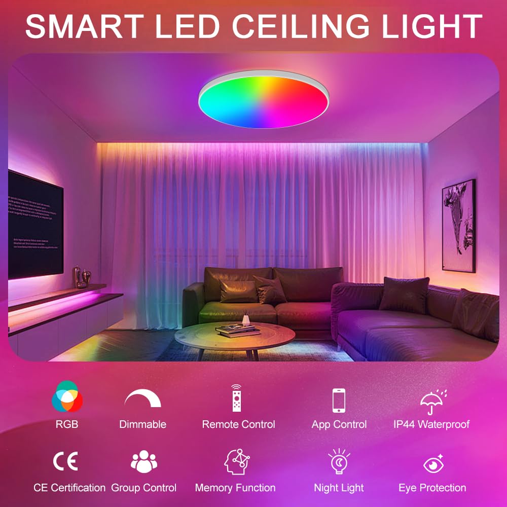 Heyseven Dimmable LED Ceiling Light 24W RGB Color Changing – Ø30cm