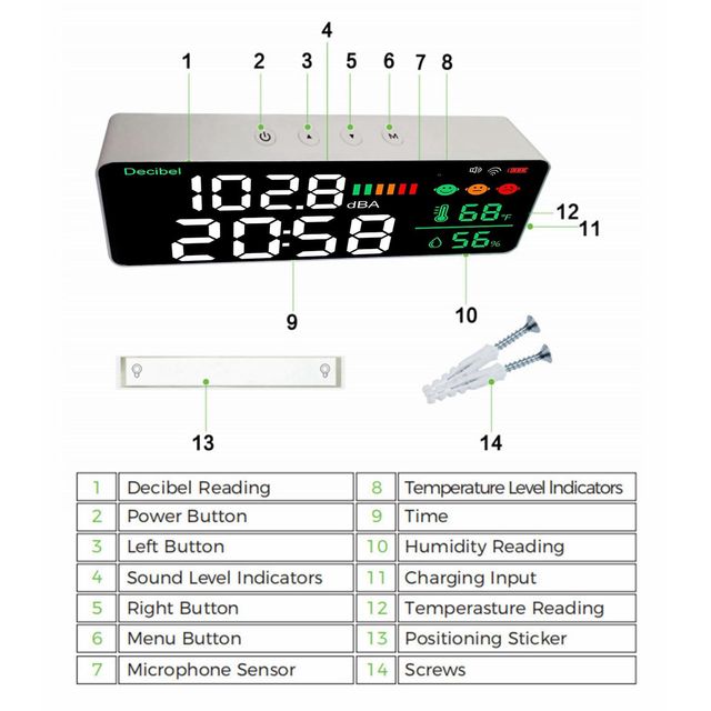 Miernik Decybeli 4 w 1 – 11" LED, WiFi, Termometr, Higrometr, Zegar