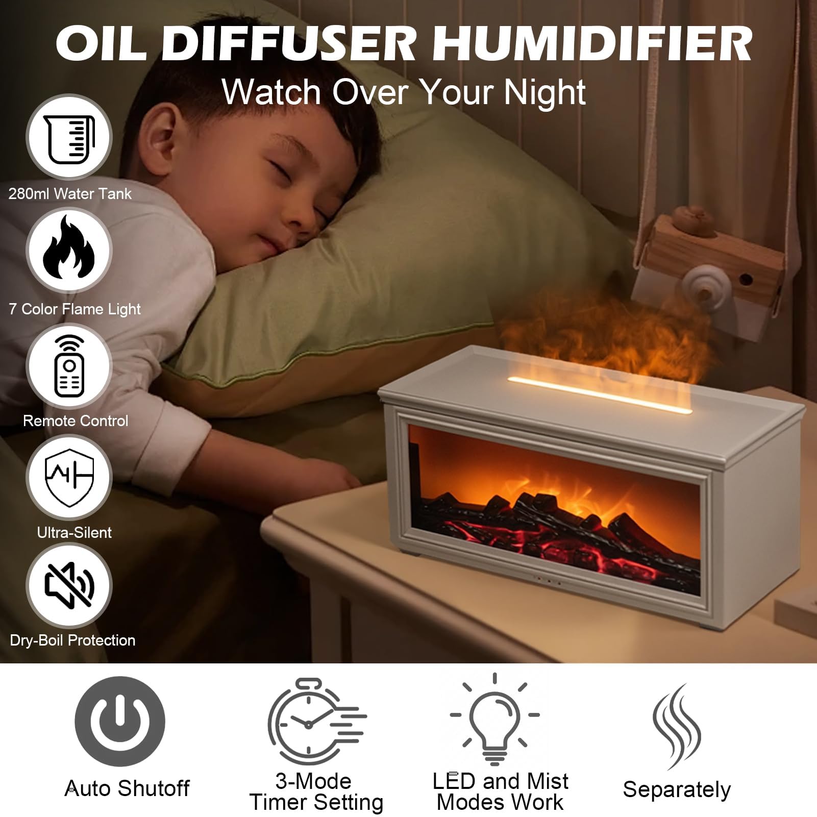 LED Flame Diffuser, 7 LED colors, white
